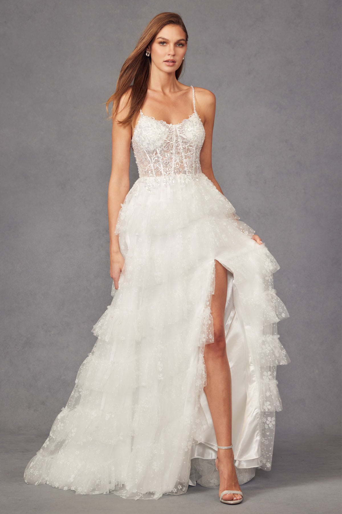 Off White Juliet JT2464AW Glitter Ruffle Skirt Long Wedding Dress ...