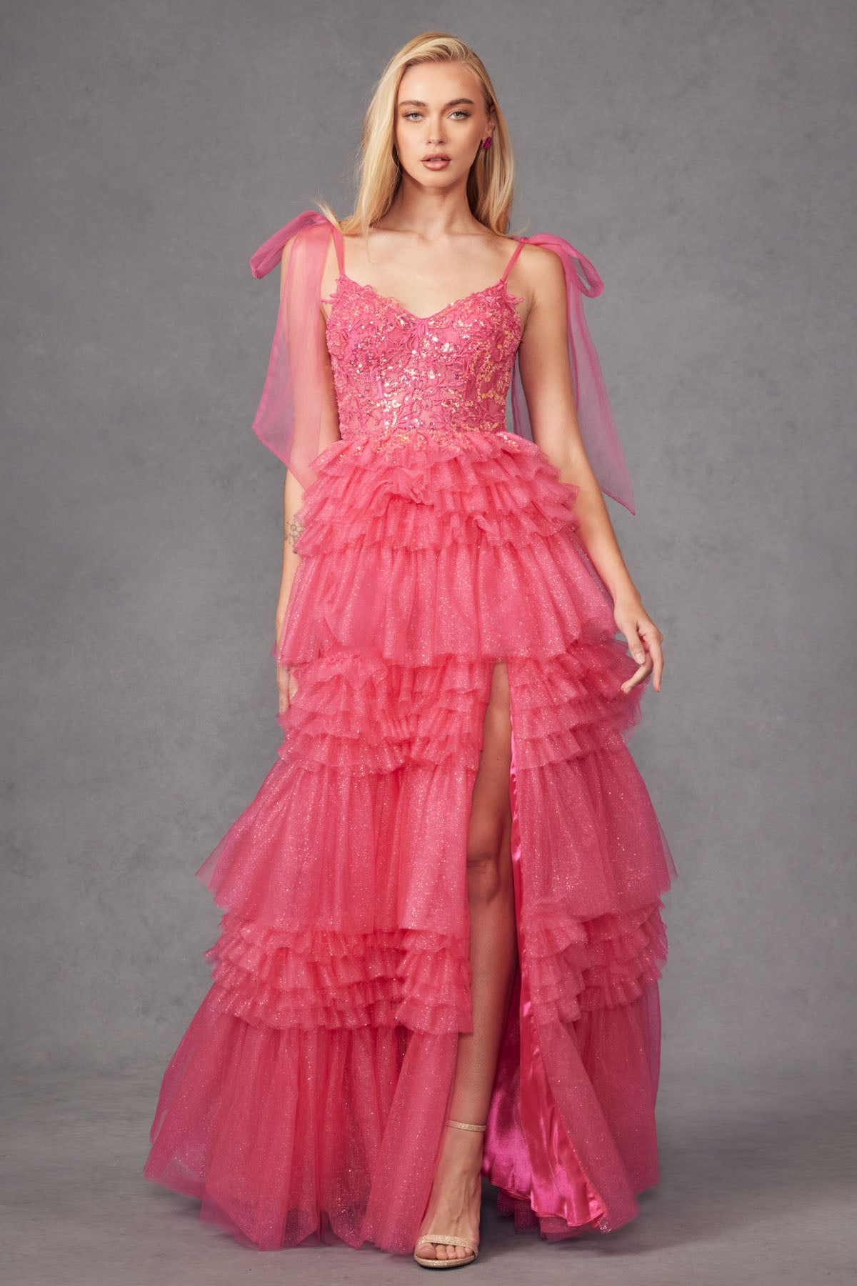 Prom Dresses Tiered Ruffle Skirt Long Formal Prom Gown Fuchsia