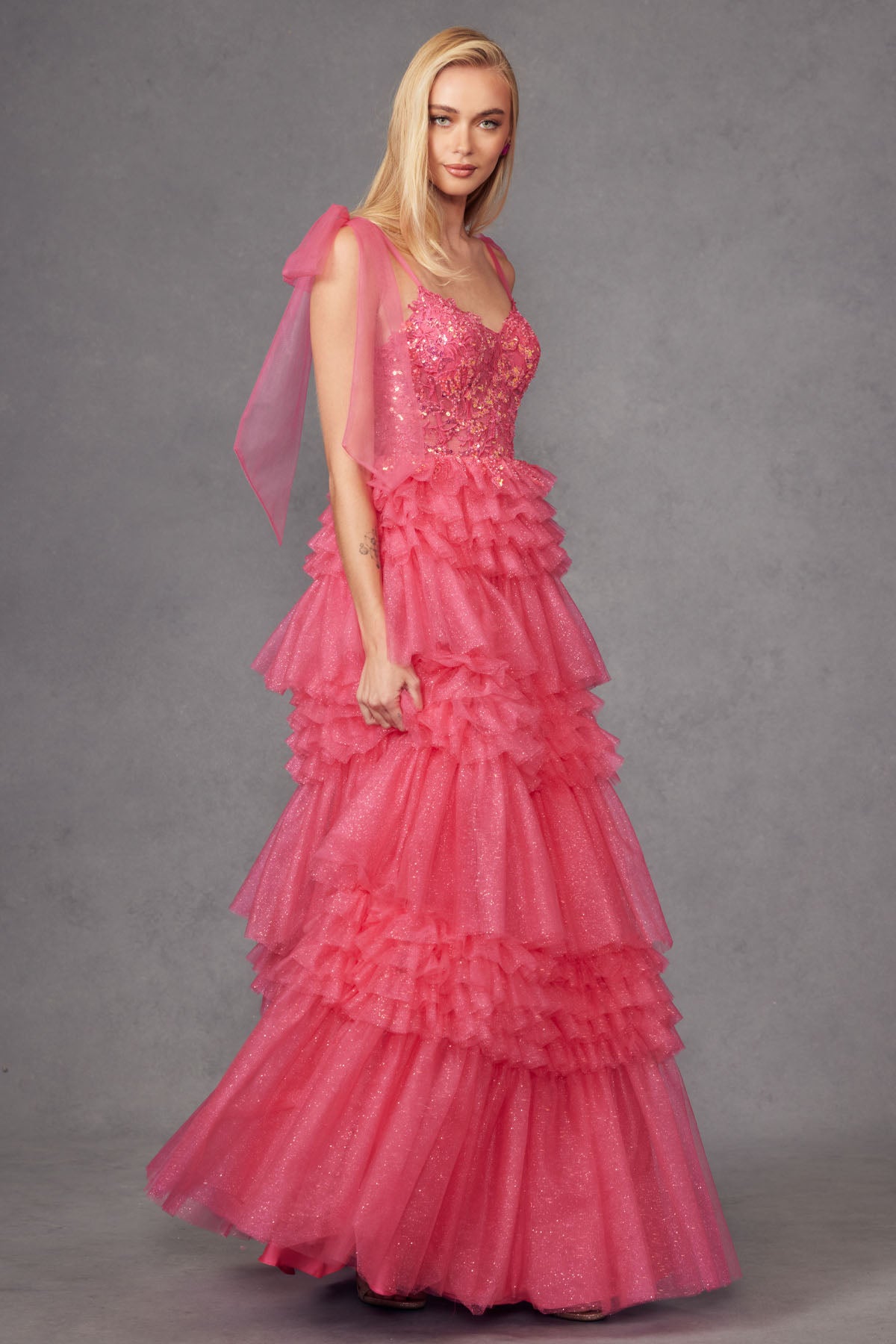 Juliet JT2465A Long Ruffle Skirt Formal Prom Gown