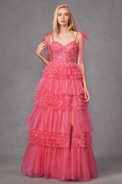 Prom Dresses Tiered Ruffle Skirt Long Formal Prom Gown Fuchsia