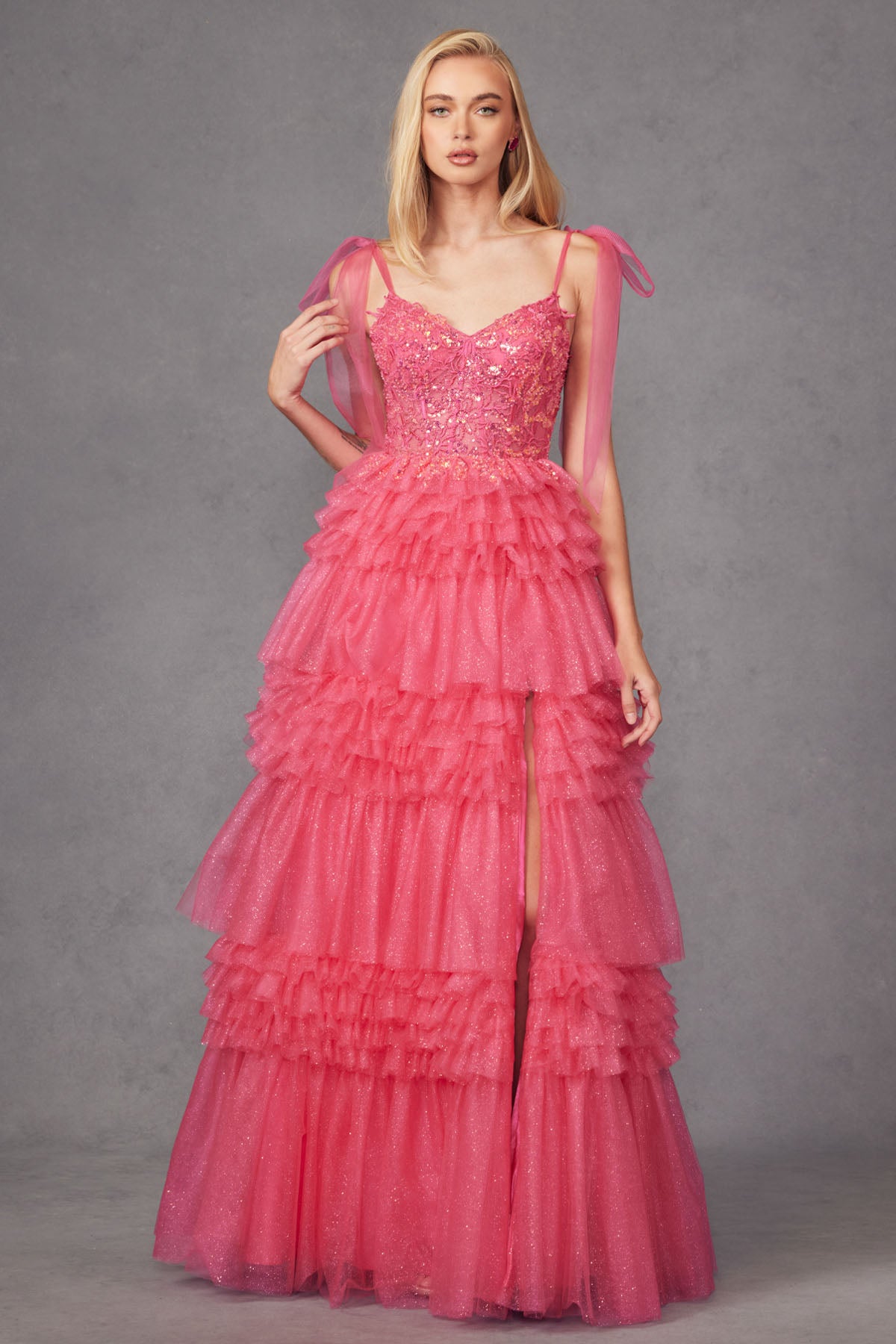 Juliet JT2465A Long Ruffle Skirt Formal Prom Gown