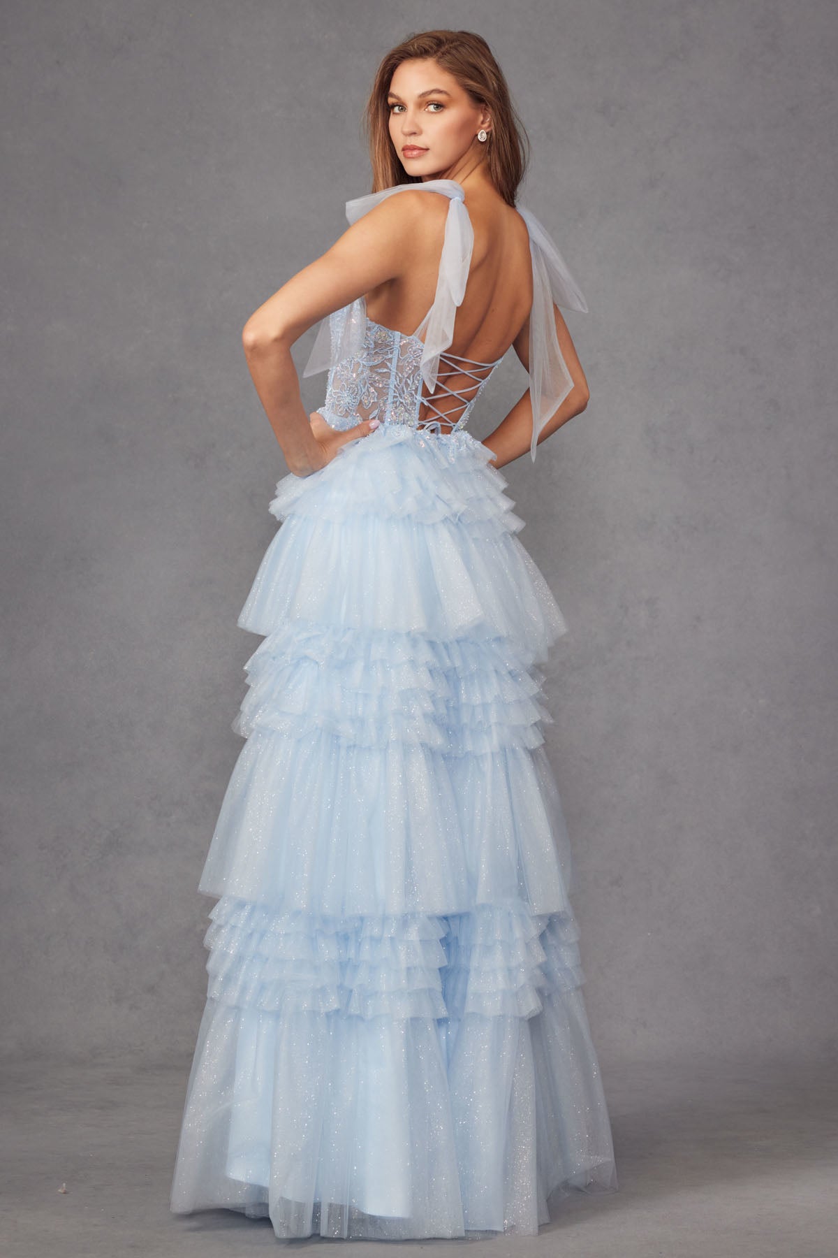 Prom Dresses Tiered Ruffle Skirt Long Formal Prom Gown Ice Blue