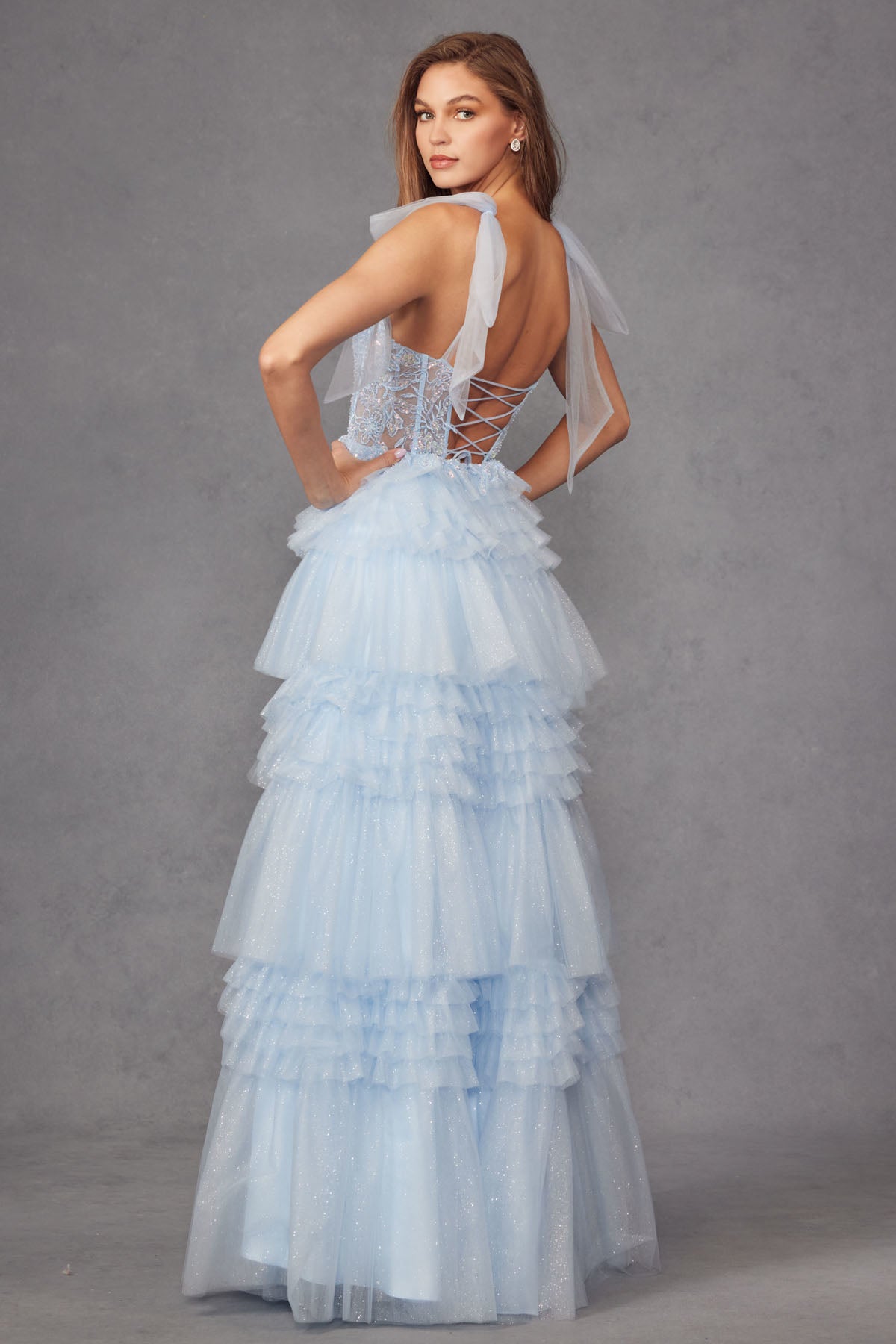Juliet JT2465A Long Ruffle Skirt Formal Prom Gown