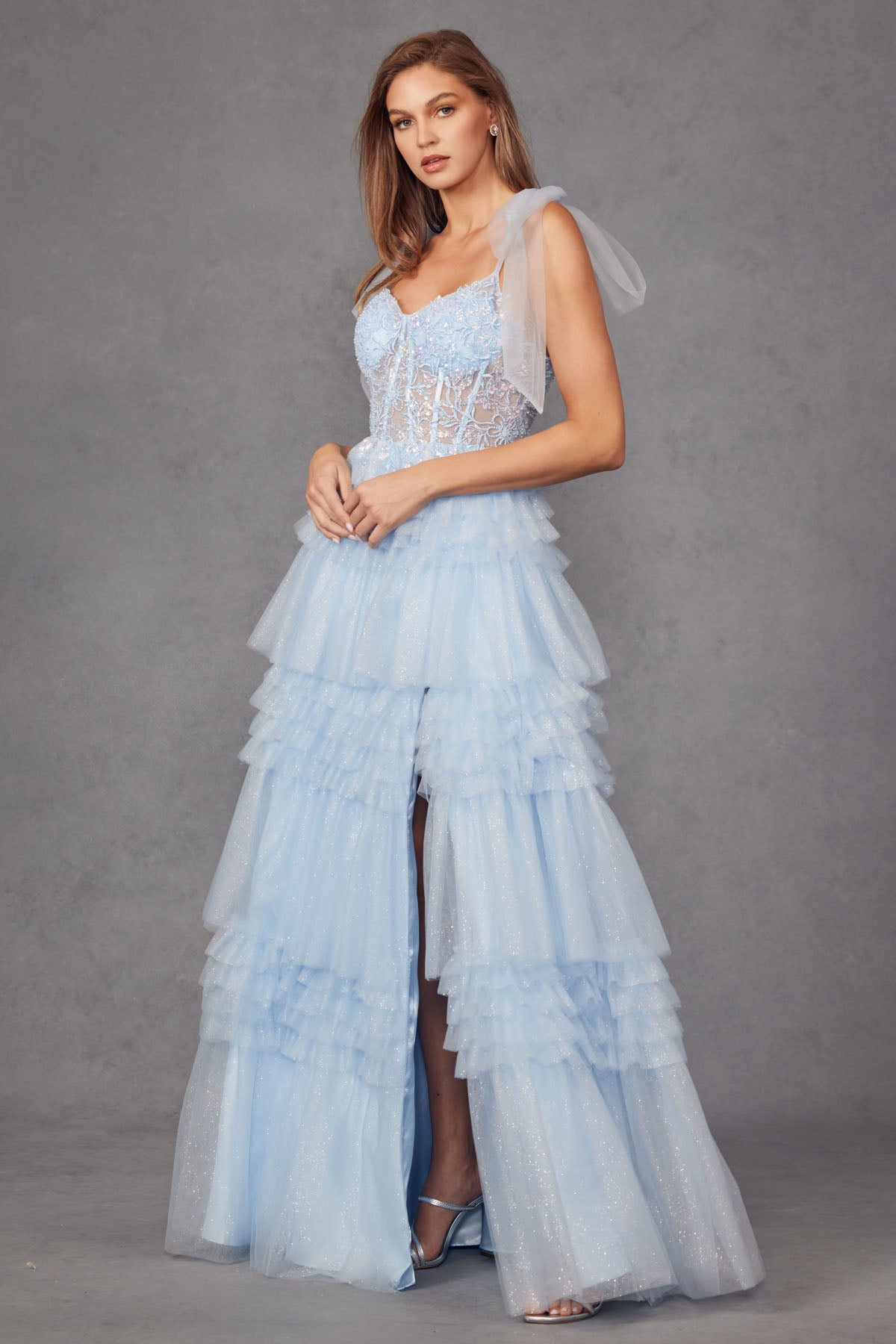 Juliet JT2465A Long Ruffle Skirt Formal Prom Gown