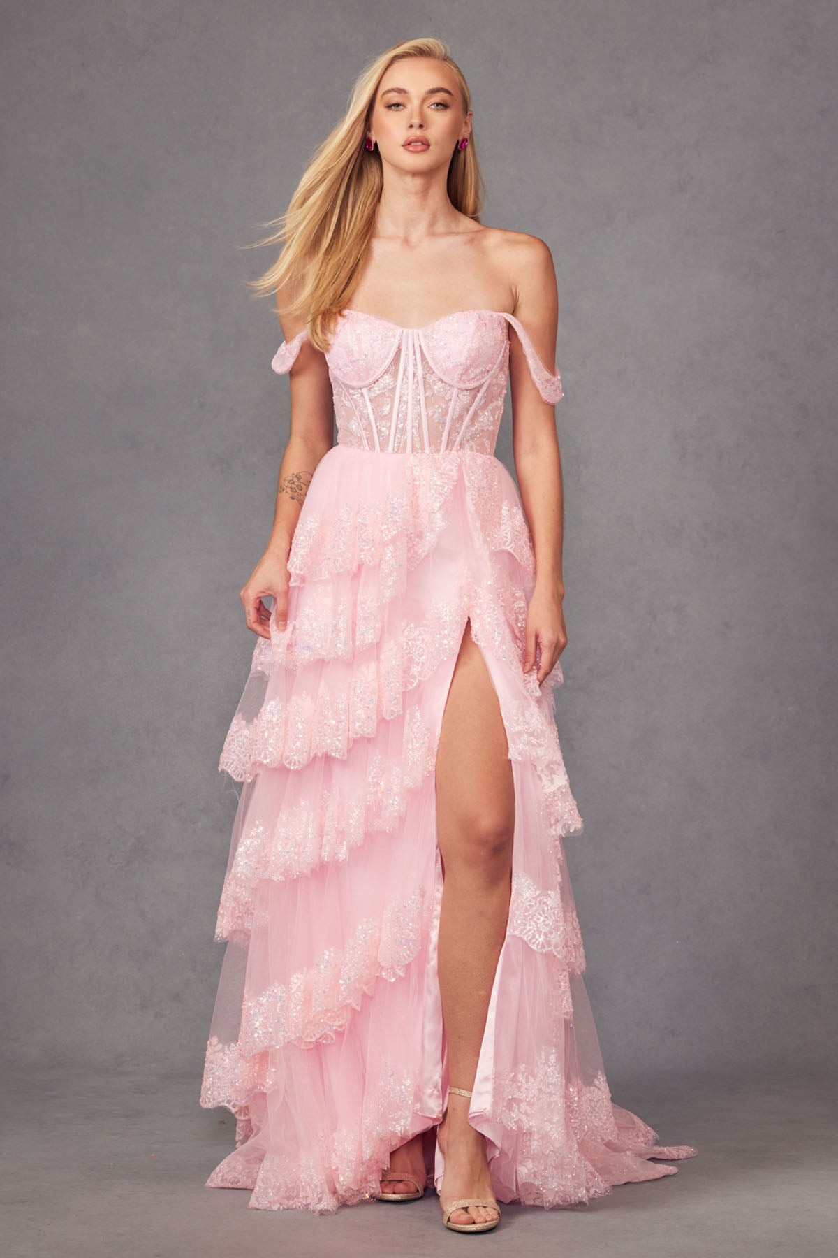 Juliet JT2467K Long Ruffle Skirt Formal Prom Gown