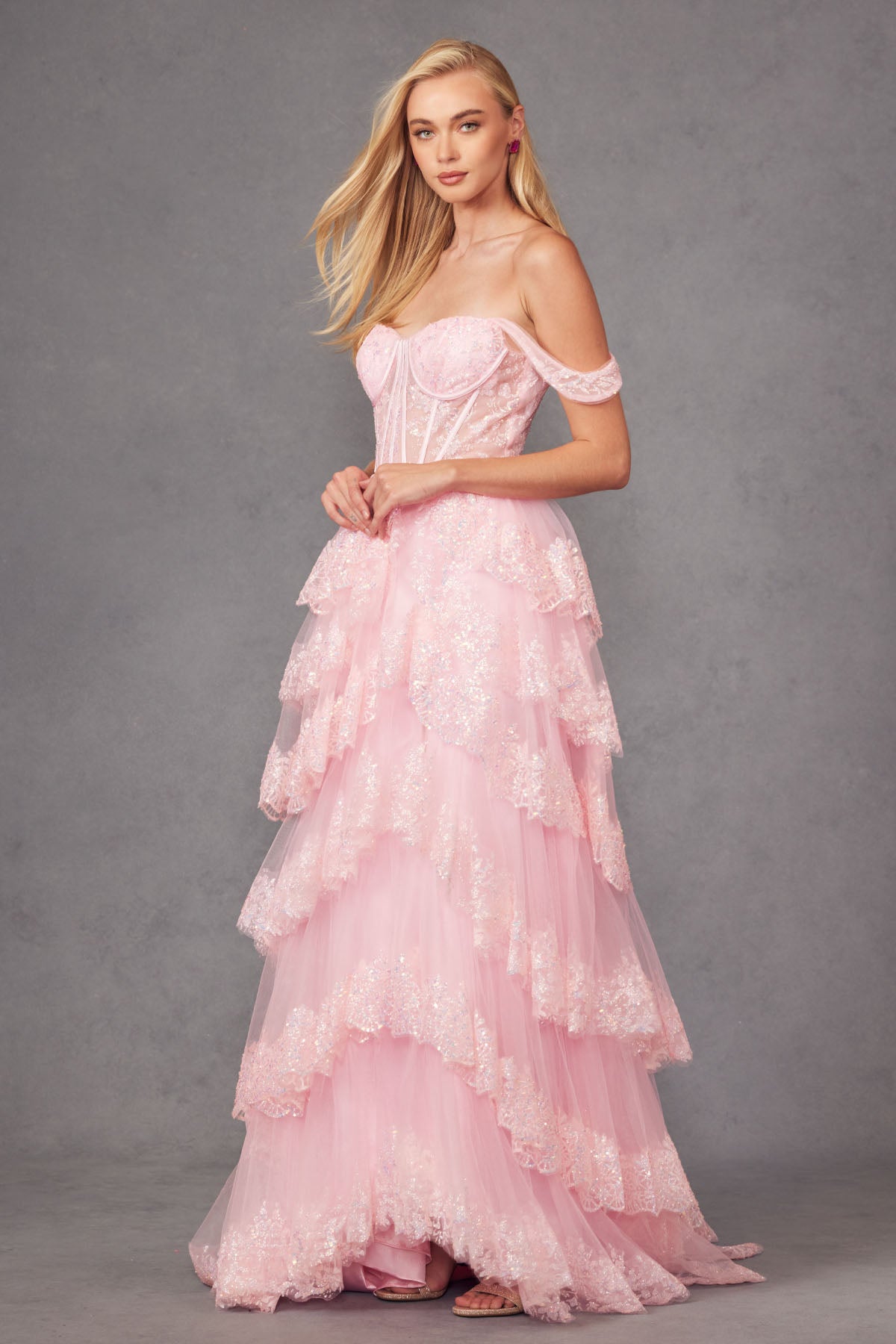Juliet JT2467K Long Ruffle Skirt Formal Prom Gown