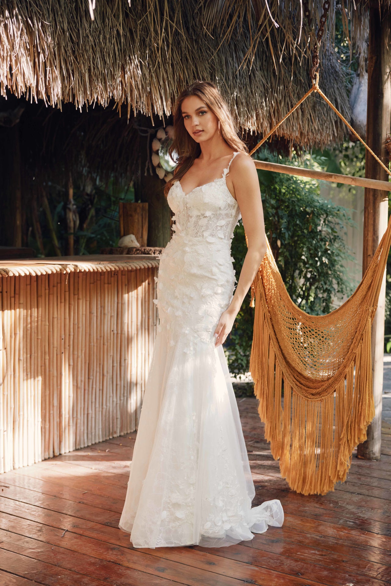3D Floral Tulle Mermaid Dress with Lace Appliqu Corset 2475UW by Juliet Off White / XS 3D Floral Tulle Mermaid Dress with Lace Appliqu Corset 2475UW by Juliet Off White / XS