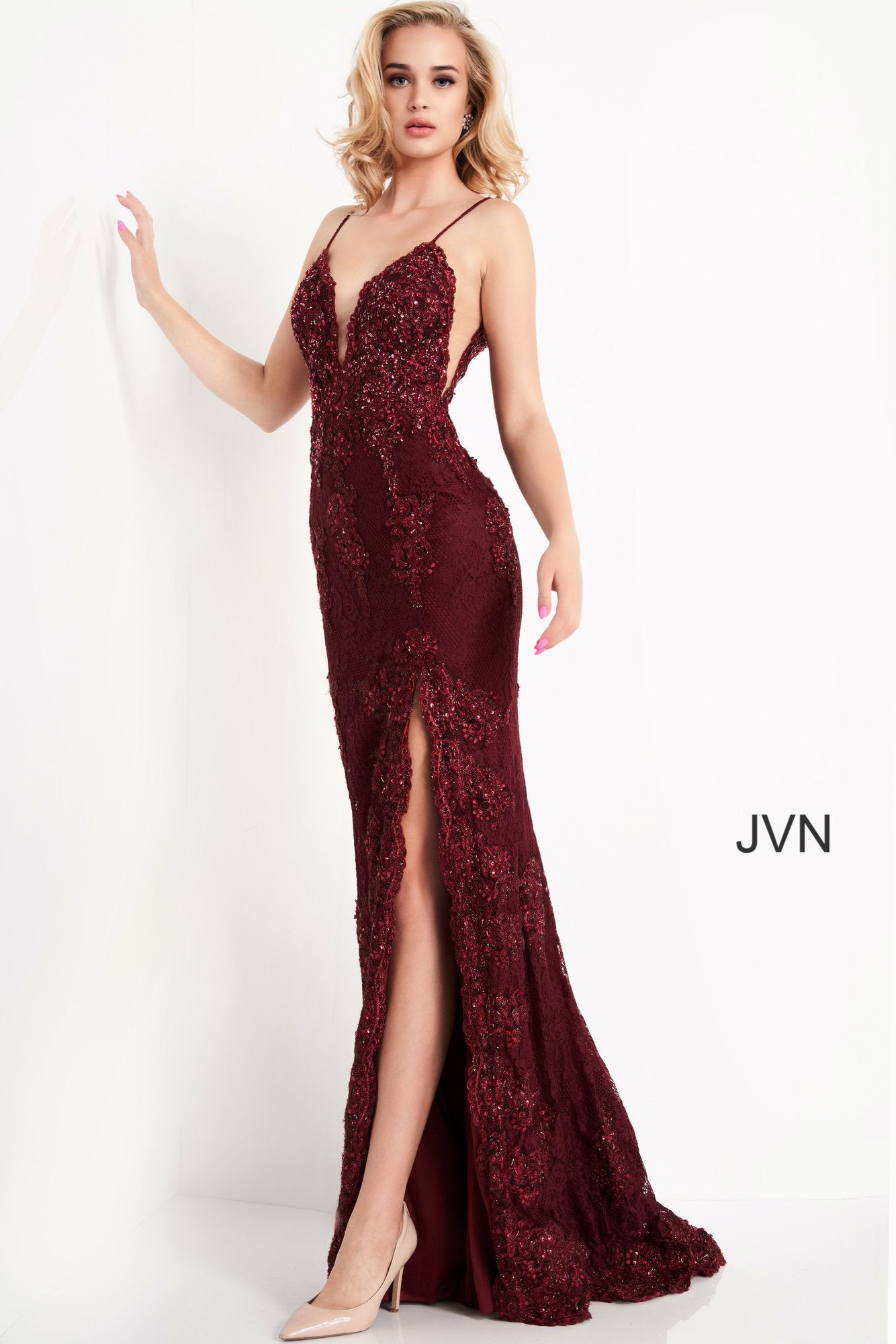 Prom Dresses Beaded Long Slit Formal Prom Dress Burgundy