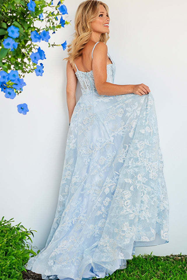 Prom Dresses A Line Formal Long Prom Floral Lace Dress Light Blue