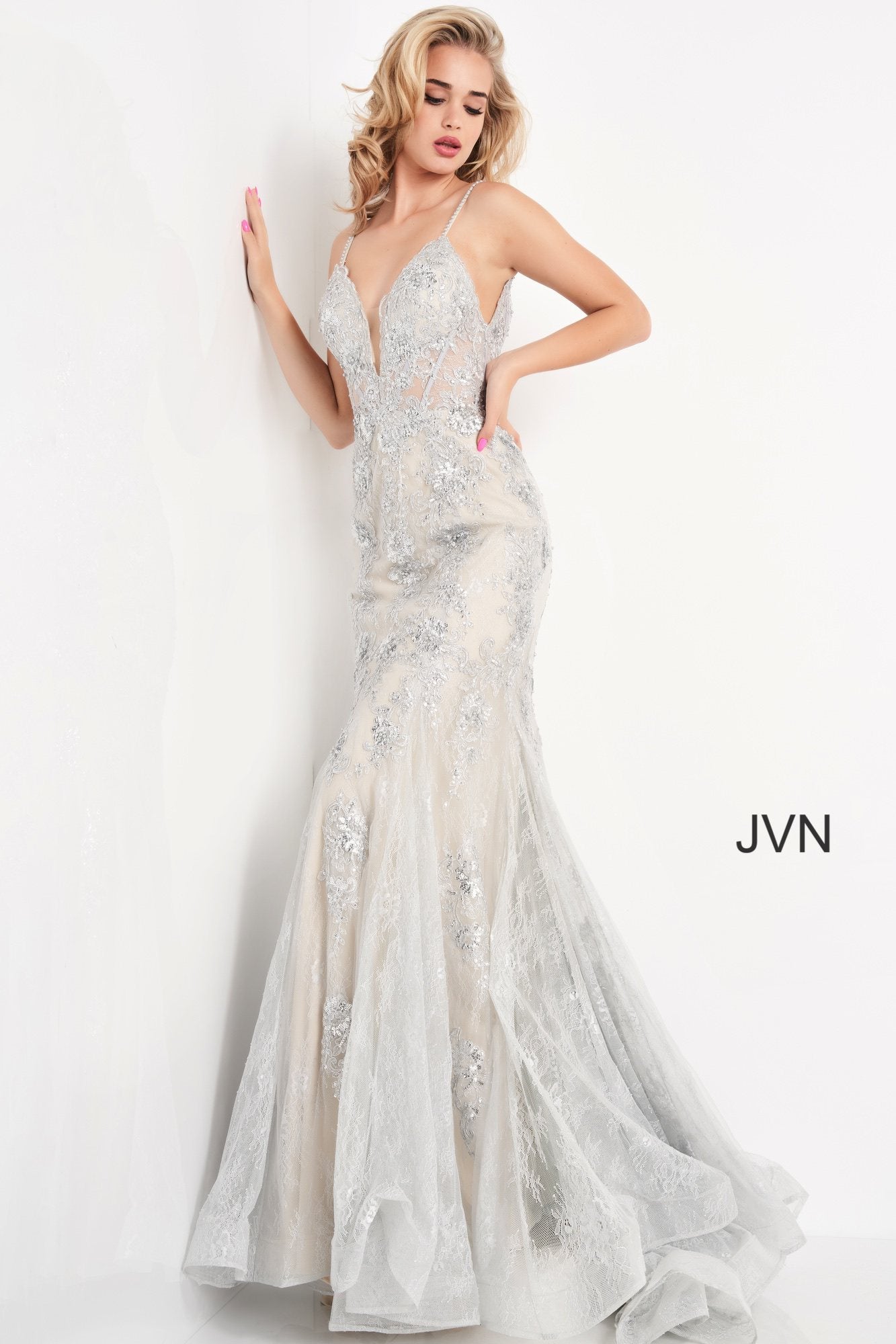 Prom Dresses Long Mermaid Formal Lace Prom Dress Silver