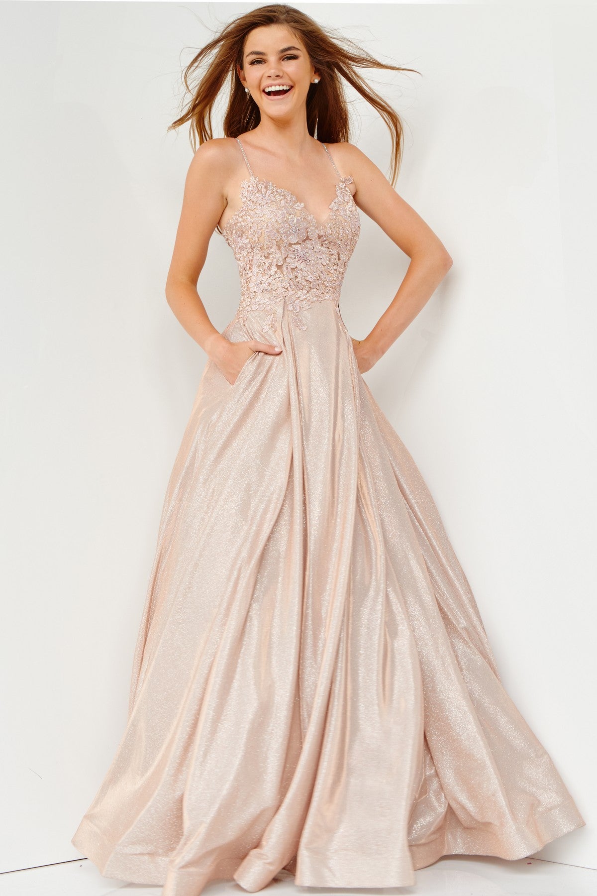 Prom Dresses Long Ball Gown Pleated Formal Floral Prom Dress Nude