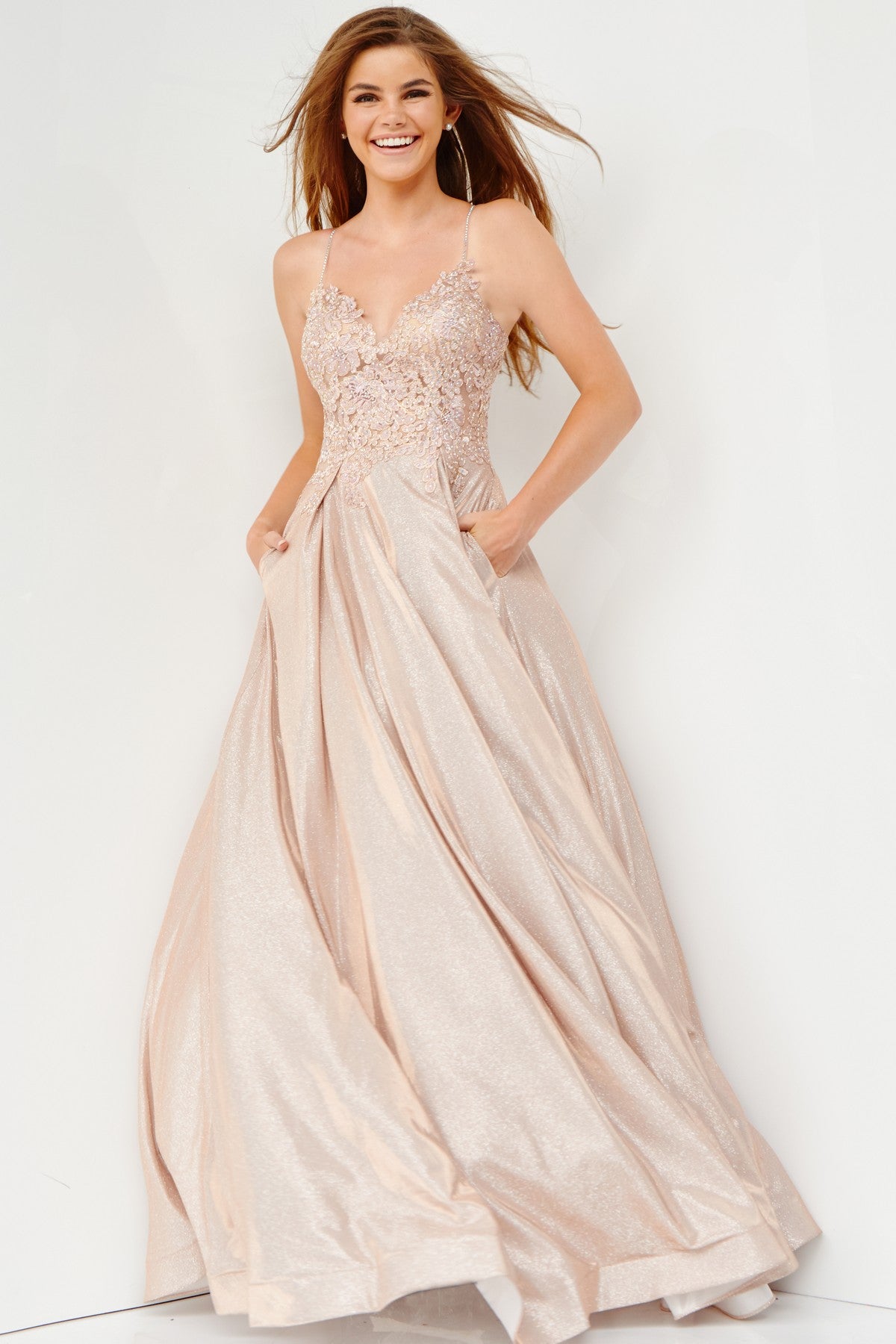 Prom Dresses Long Ball Gown Pleated Formal Floral Prom Dress Nude