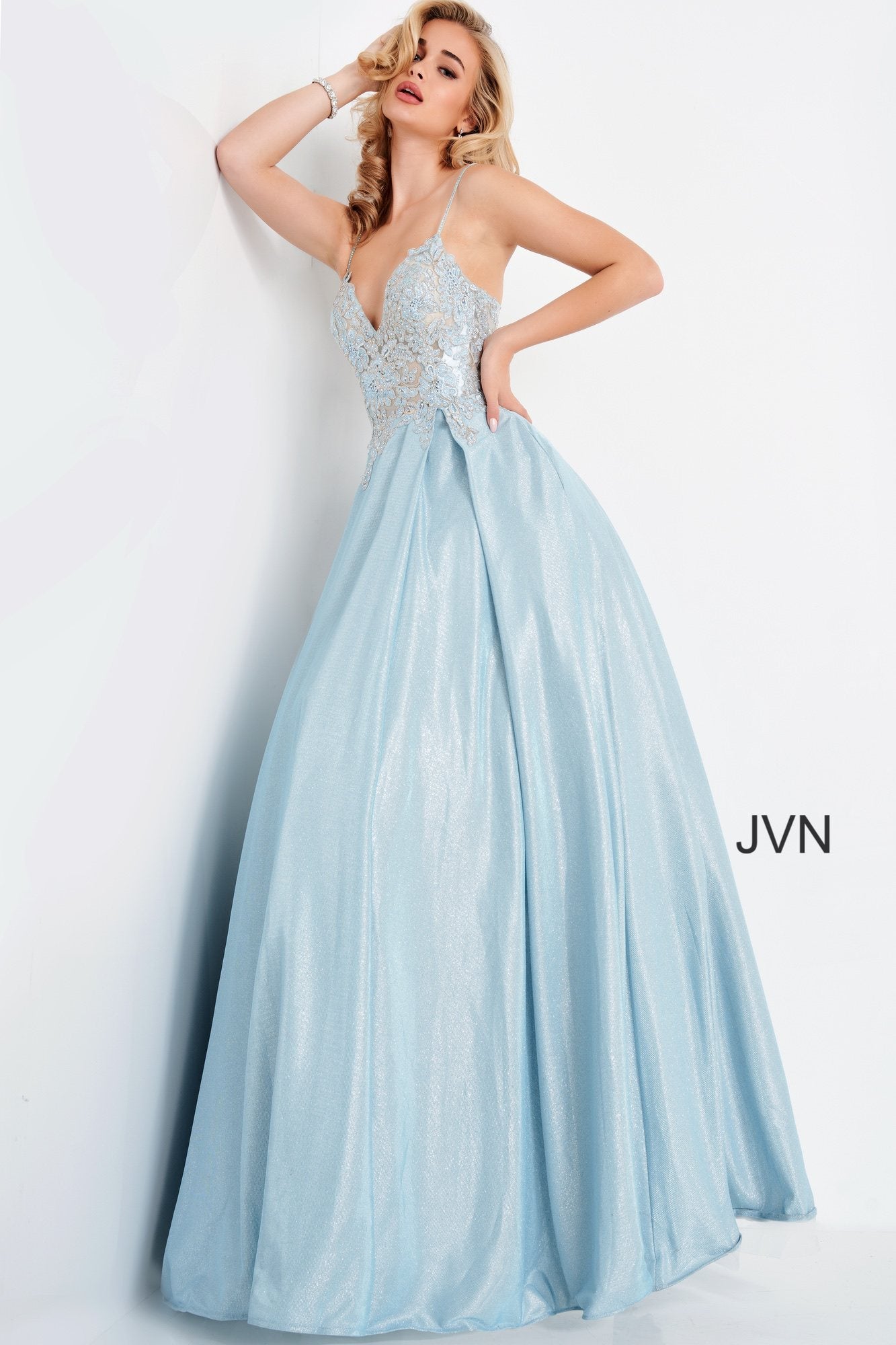 Prom Dresses Long Ball Gown Pleated Formal Floral Prom Dress Light Blue