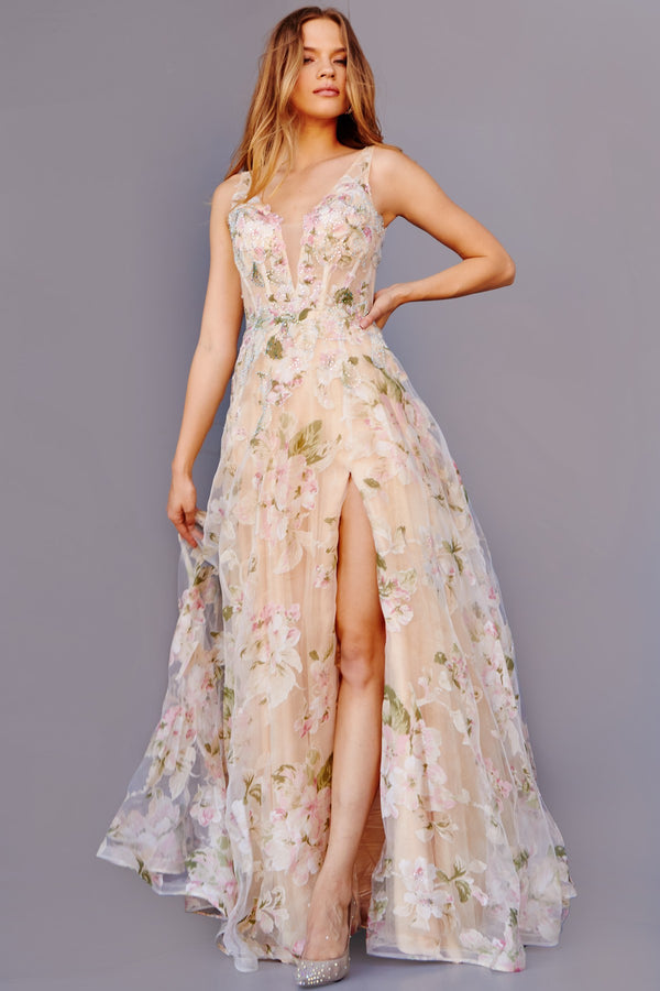 Jovani 23697 Floral Printed Long A Line Prom Dress