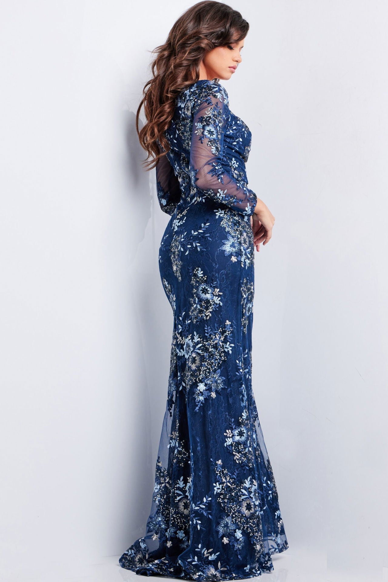 Formal Dresses Floral Long Formal Sequin Velvet Evening Dress Navy