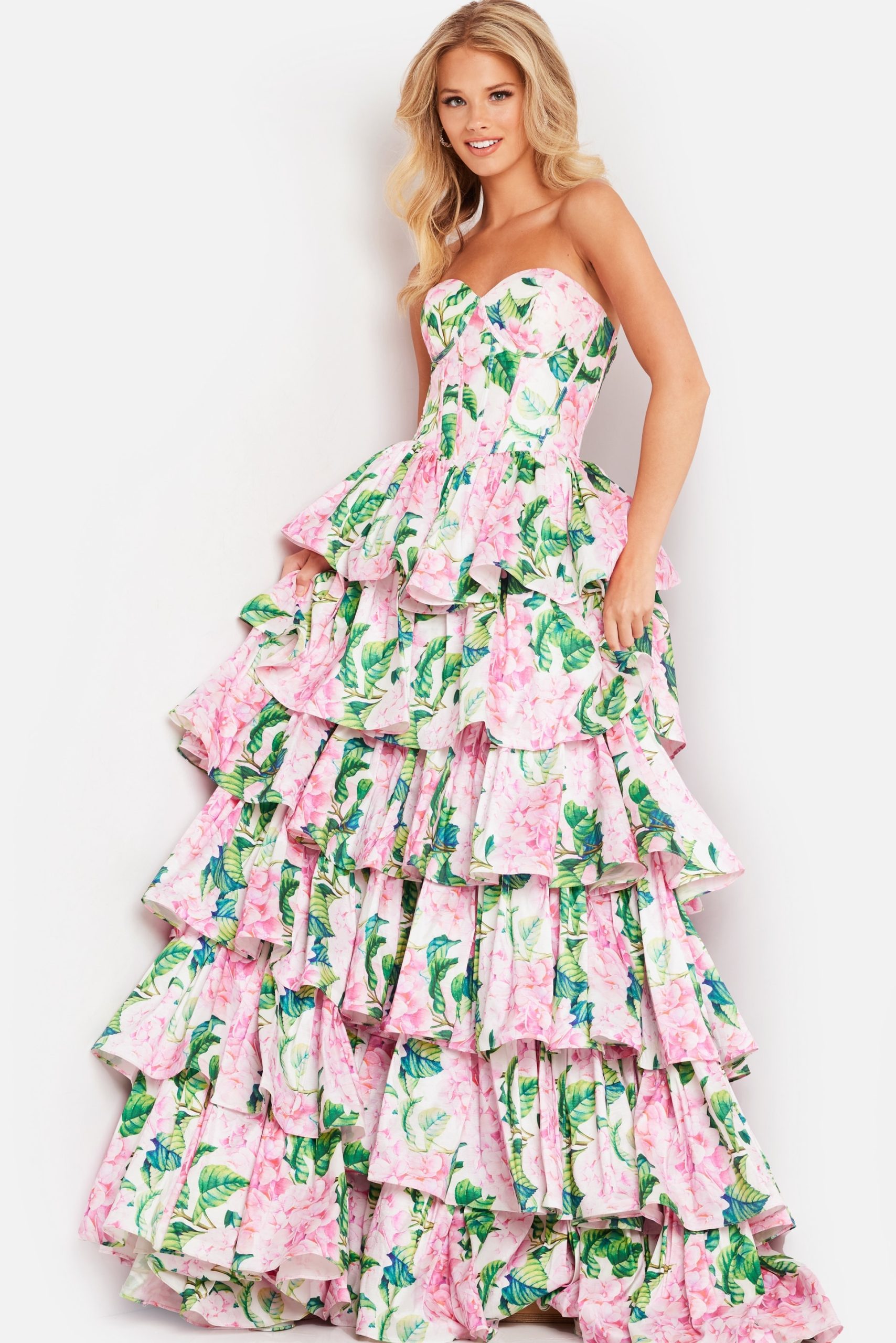 Prom Dresses Formal Long Ball Gown Floral Print Prom Dress Yellow
