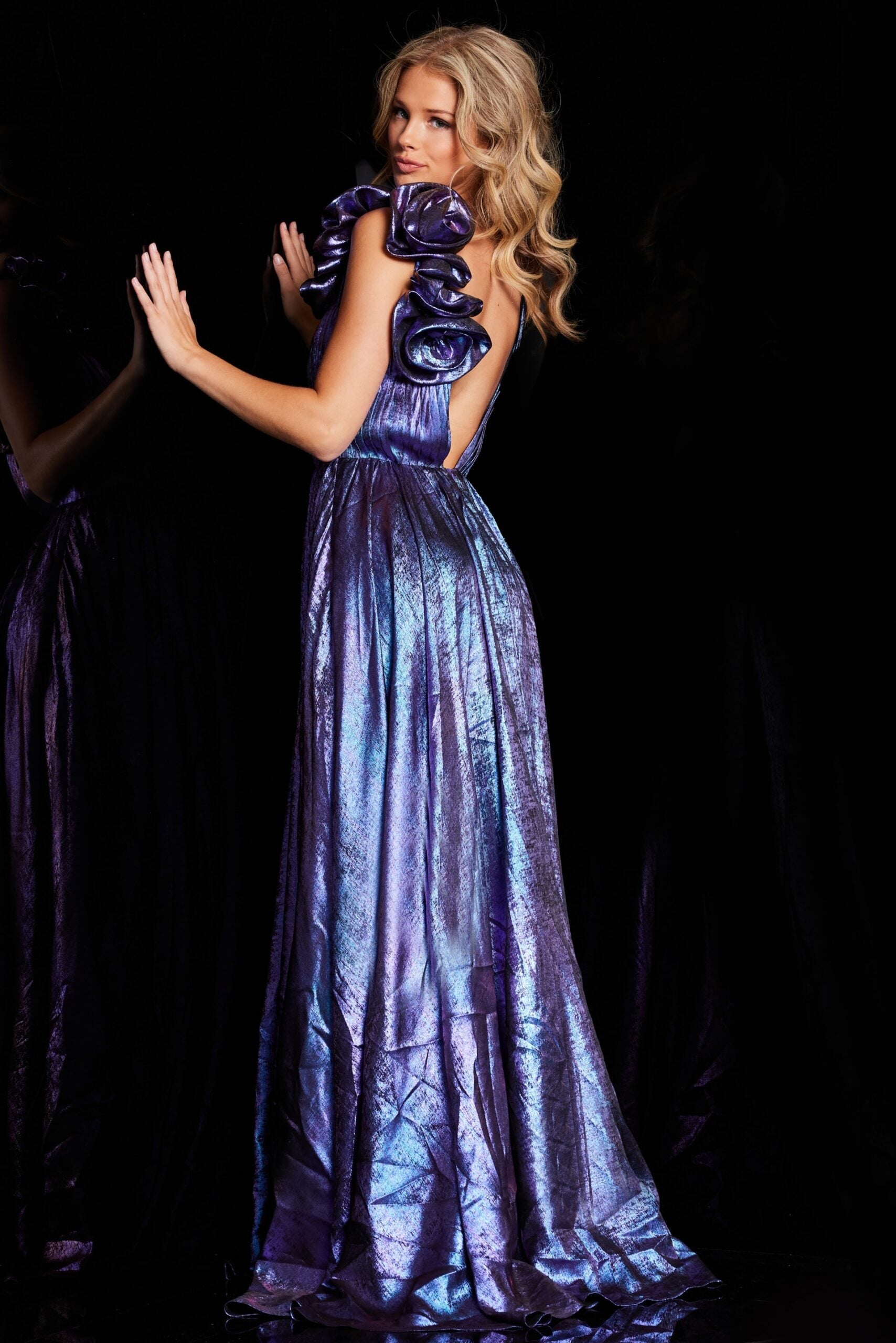 Jovani 37453 Pleated Long Formal A Line Metallic Prom Dress