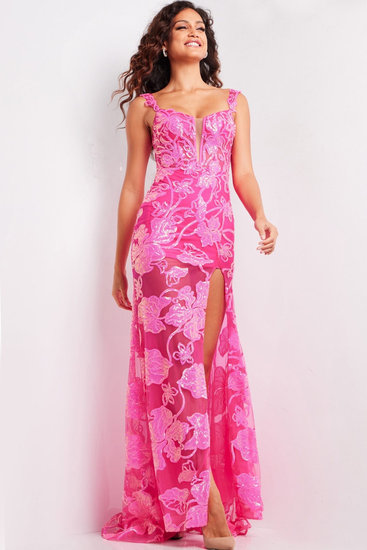 Prom Dresses Long Formal Mermaid Sequin Floral Prom Dress Hot Pink