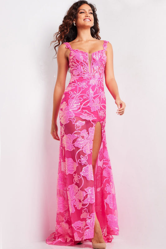 Prom Dresses Long Formal Mermaid Sequin Floral Prom Dress Hot Pink
