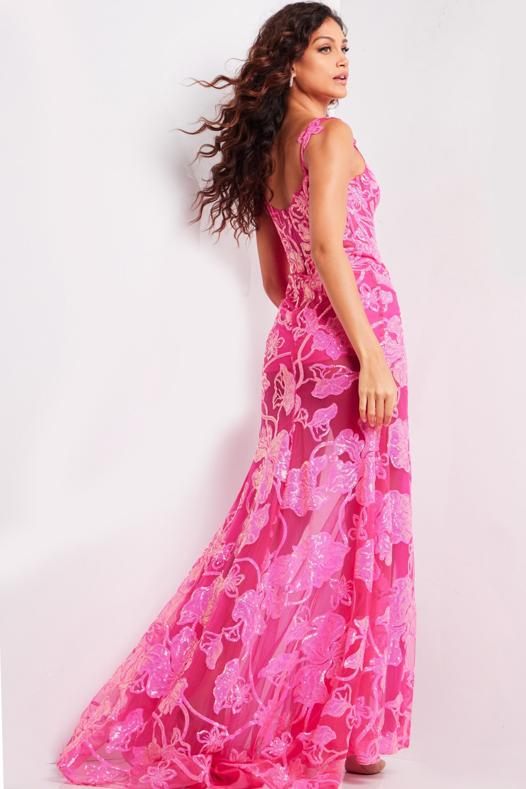 Prom Dresses Long Formal Mermaid Sequin Floral Prom Dress Hot Pink