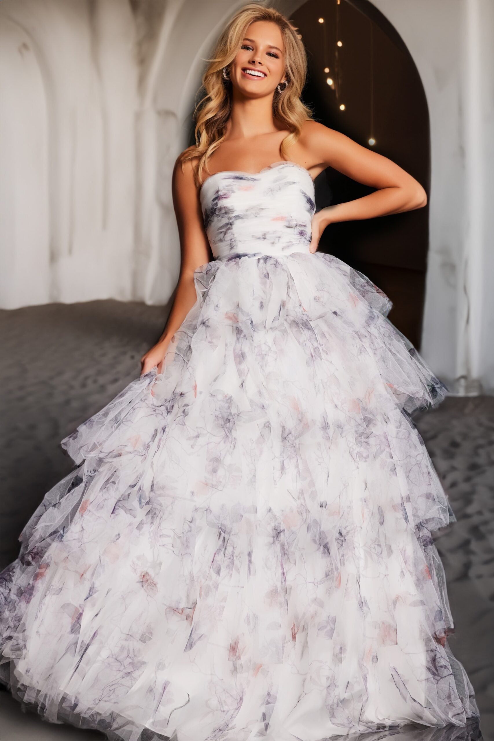 Prom Dresses Printed Long Ball Gown Tiered Prom Dress Ivory