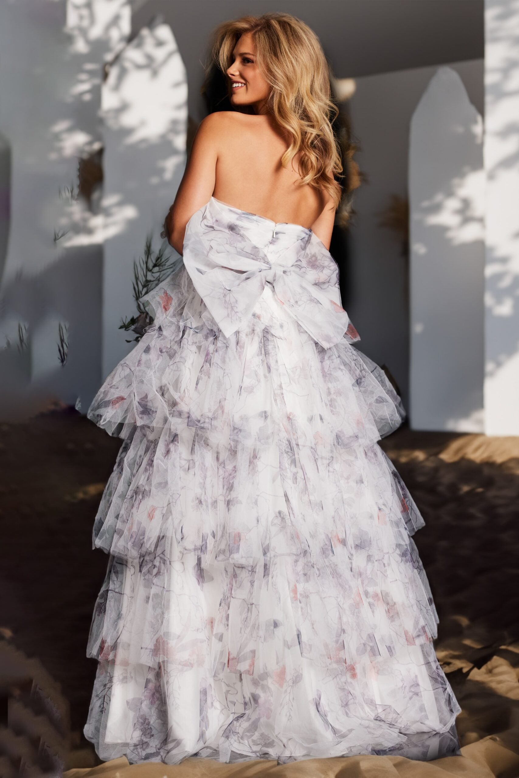 Prom Dresses Printed Long Ball Gown Tiered Prom Dress Ivory