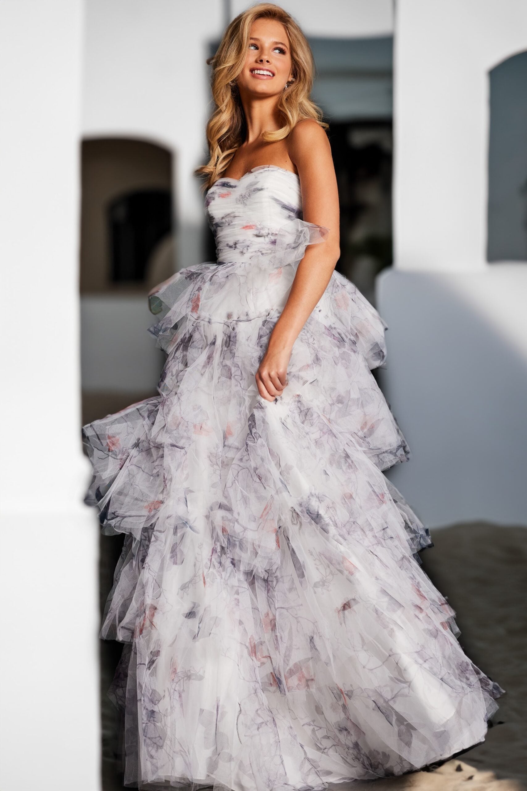 Prom Dresses Printed Long Ball Gown Tiered Prom Dress Ivory