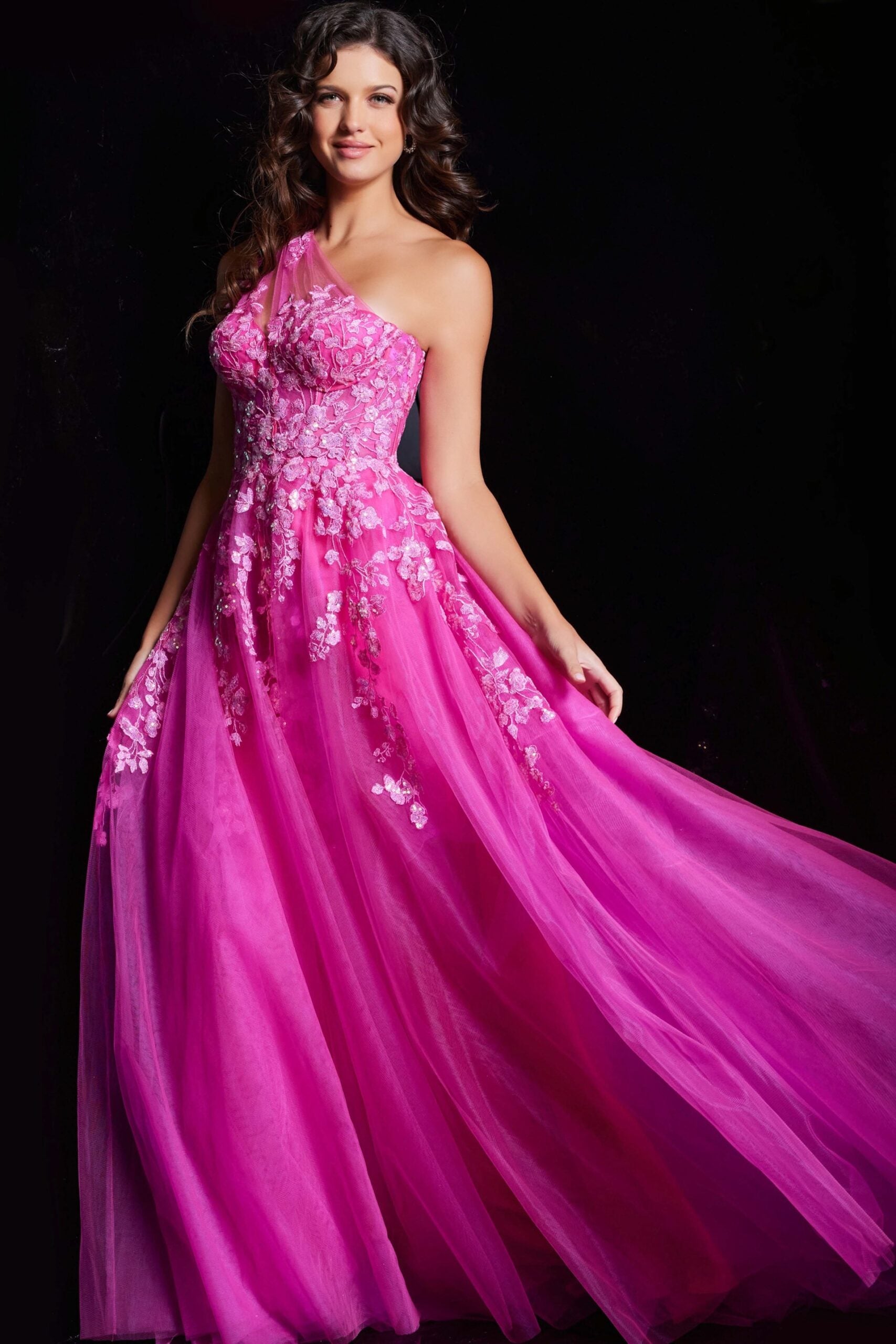 Prom Dresses Floral A Line Long Formal Beaded Evening Prom Dress Fuchsia