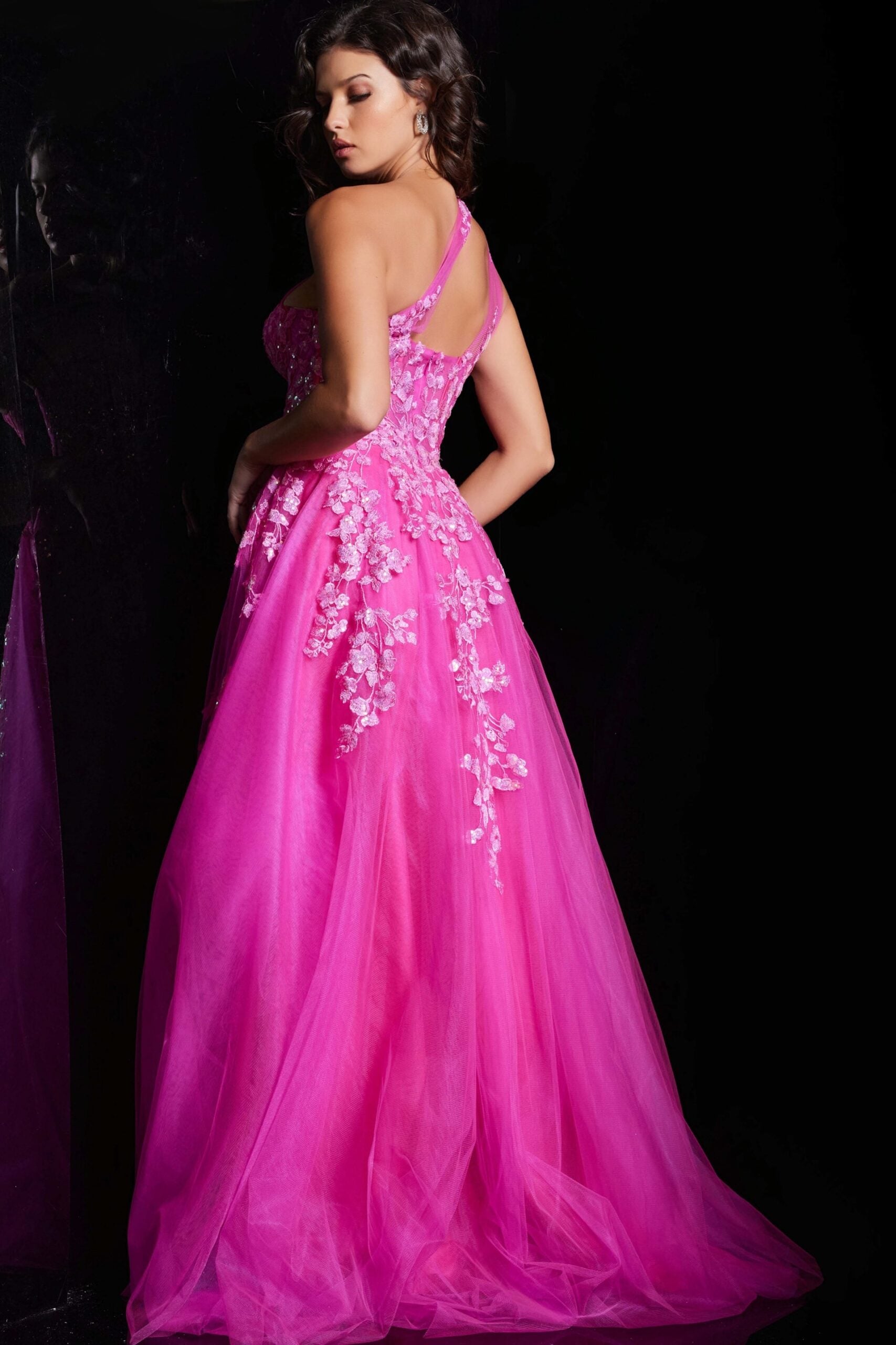 Prom Dresses Floral A Line Long Formal Beaded Evening Prom Dress Fuchsia