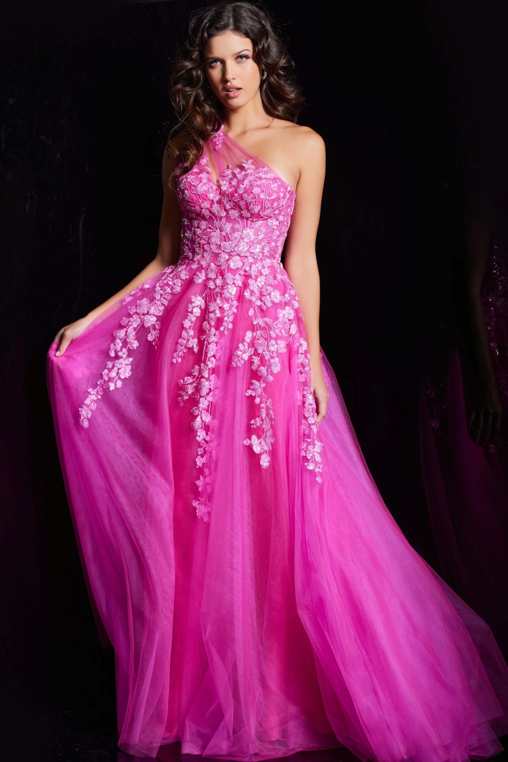 Prom Dresses Floral A Line Long Formal Beaded Evening Prom Dress Fuchsia