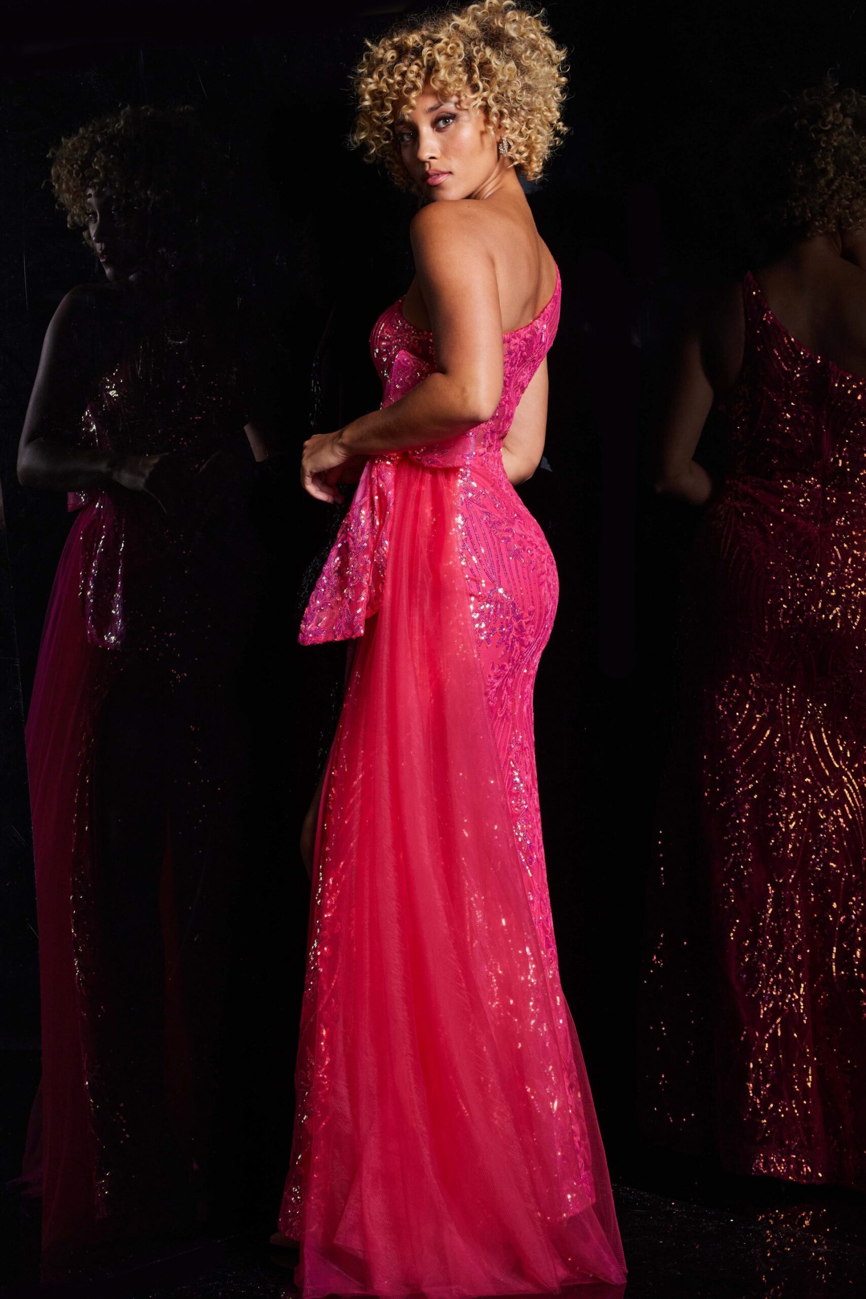 Prom Dresses Sequin Mermaid Long Formal Overskirt Prom Dress Fuchsia