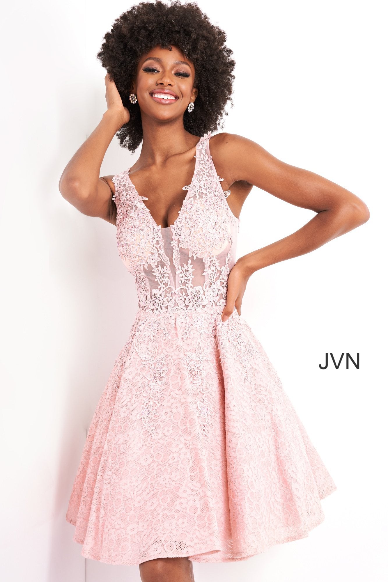 Jovani 45264 A Line Short Beaded Lace Cocktail Dress