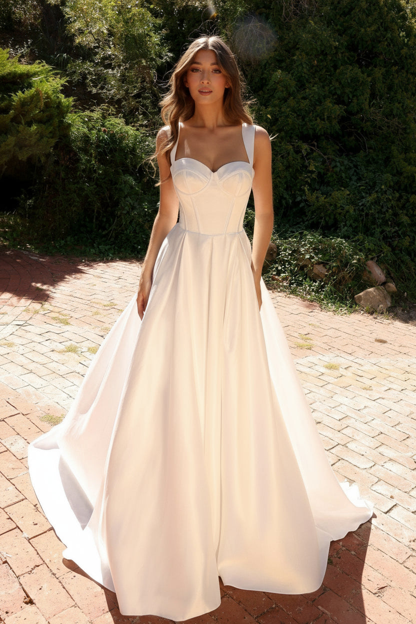 Nox Anabel JW981 Long A Line Corset Wedding Ball Gown - White / 6 Nox Anabel JW981 Long A Line Corset Wedding Ball Gown - White / 6