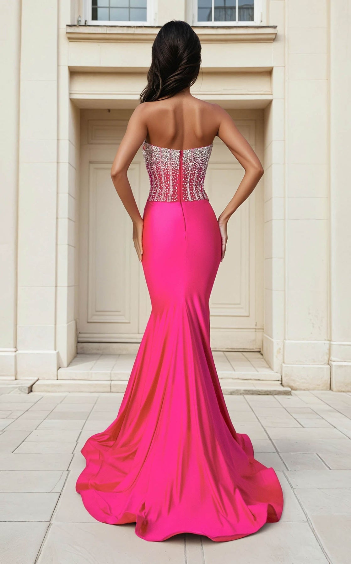 Prom Dresses Fitted Beaded Long Formal Prom Dress Dark Neon Pink