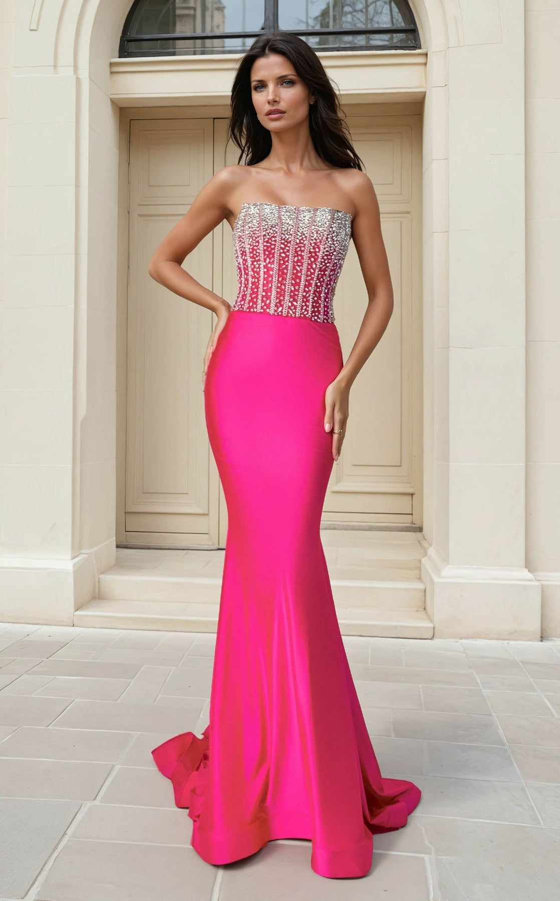 Prom Dresses Fitted Beaded Long Formal Prom Dress Dark Neon Pink