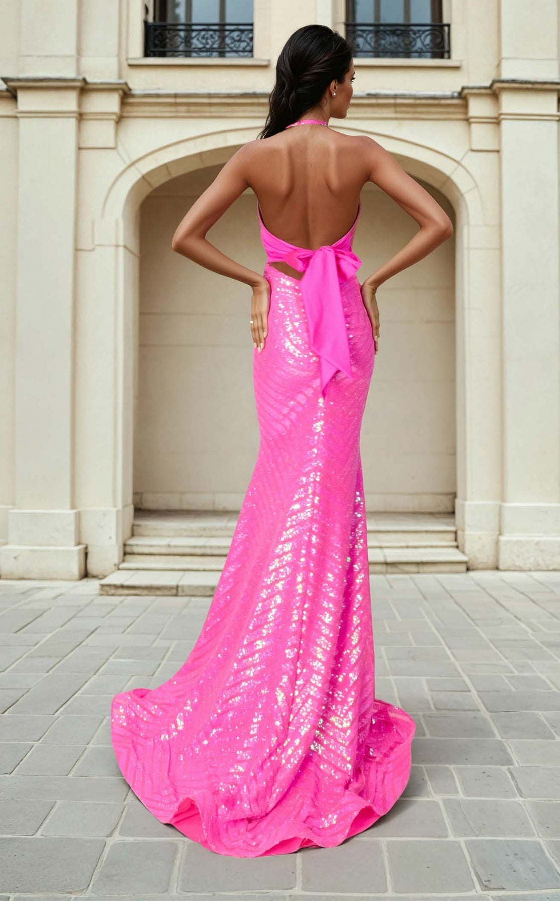 Prom Dresses Long Formal Fitted Sequin Prom Dress Neon Pink
