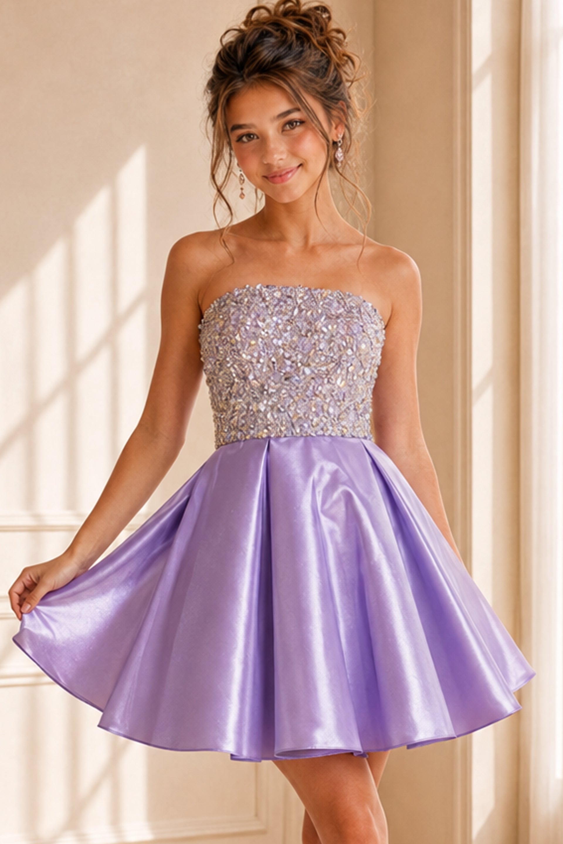Cocktail Dresses Prom Short Pleated Sequin Homecoming Girls Dresses Lavender