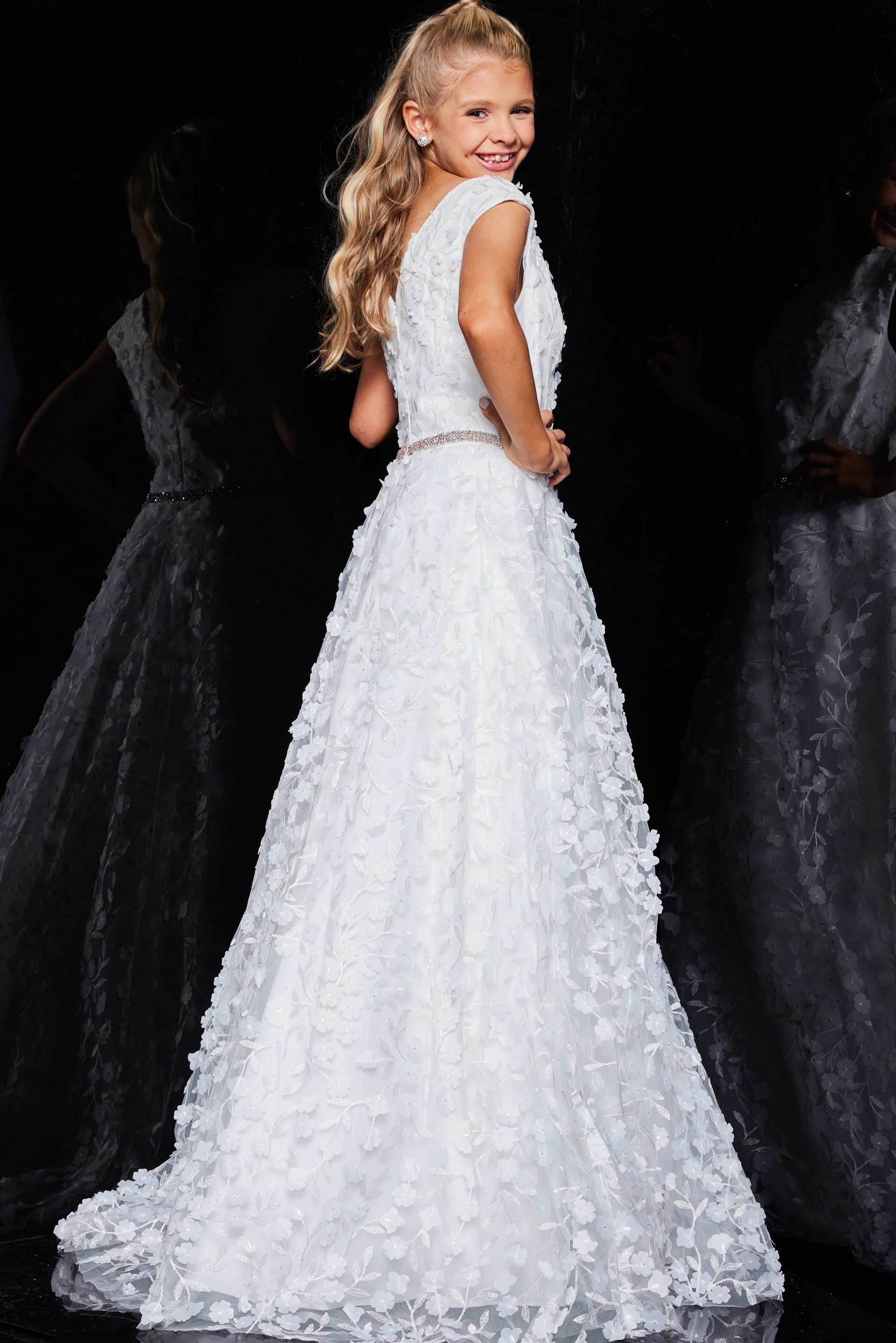 Bateau Floor-Length Lace Flower Girl A-Line Gown Jovani K07245
