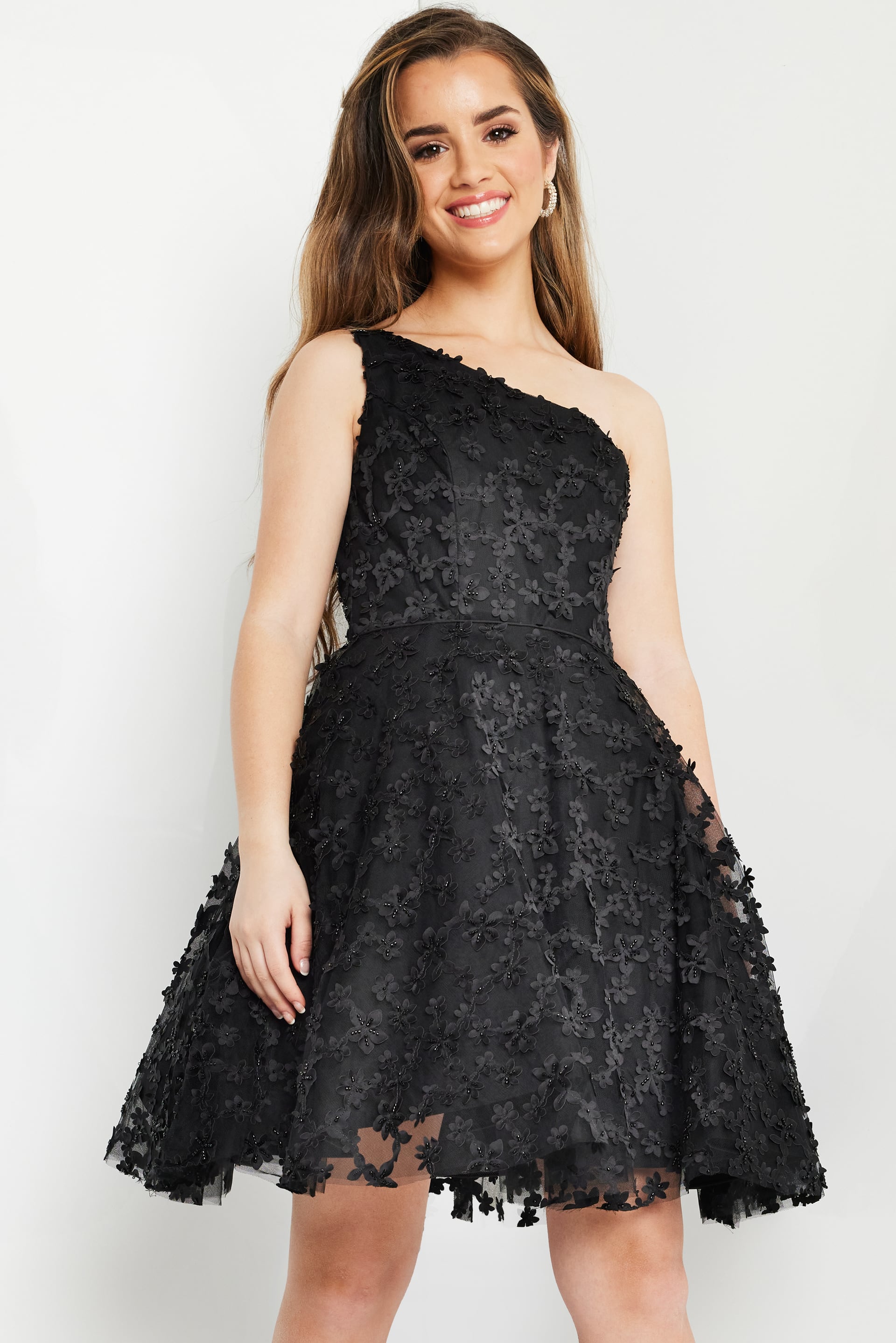Black One-Shoulder Short Tulle Cocktail Floral Appliqué Dress Jovani K23516