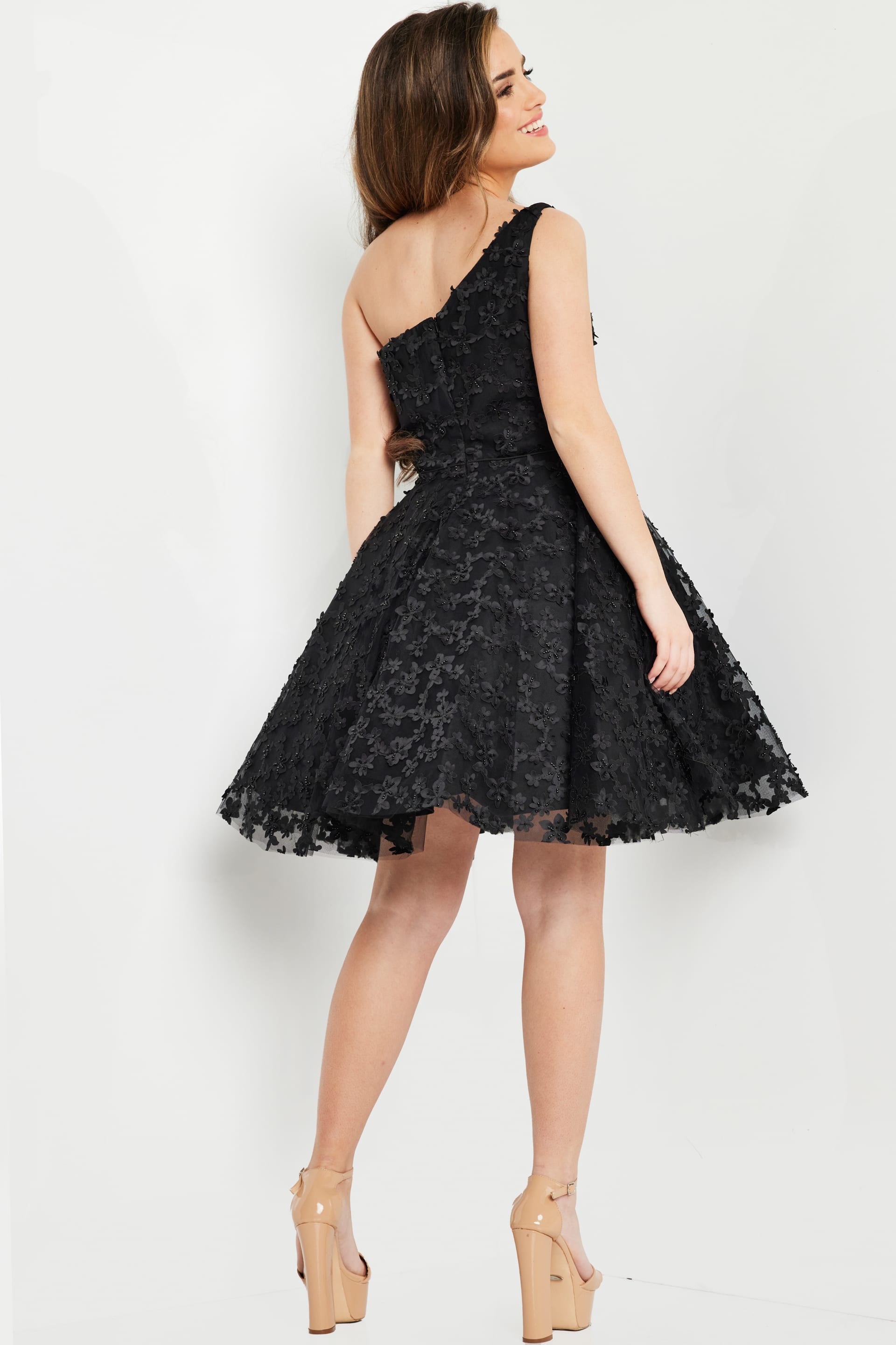 Black One-Shoulder Short Tulle Cocktail Floral Appliqué Dress Jovani K23516