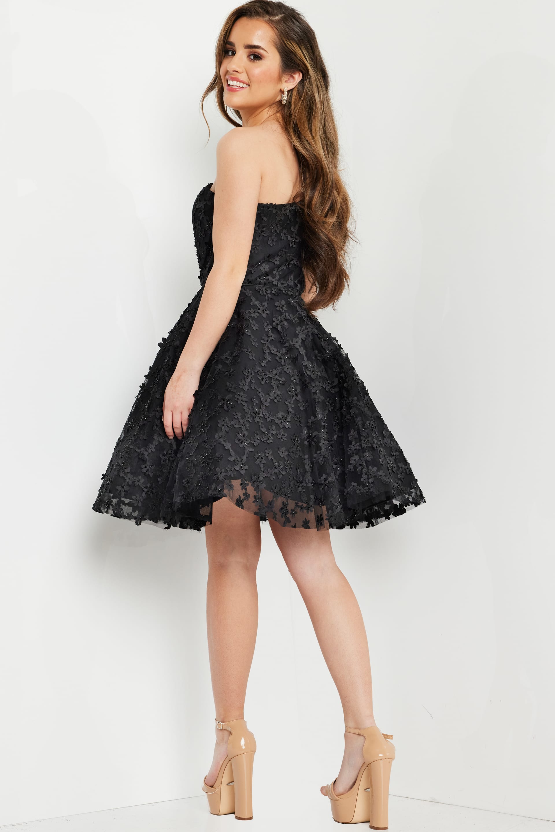 Black One-Shoulder Short Tulle Cocktail Floral Appliqué Dress Jovani K23516