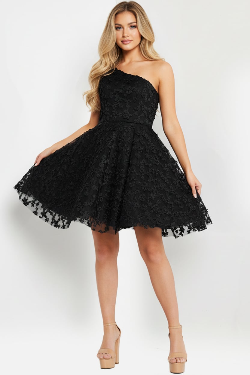 Black One-Shoulder Short Tulle Cocktail Floral Appliqué Dress Jovani K23516