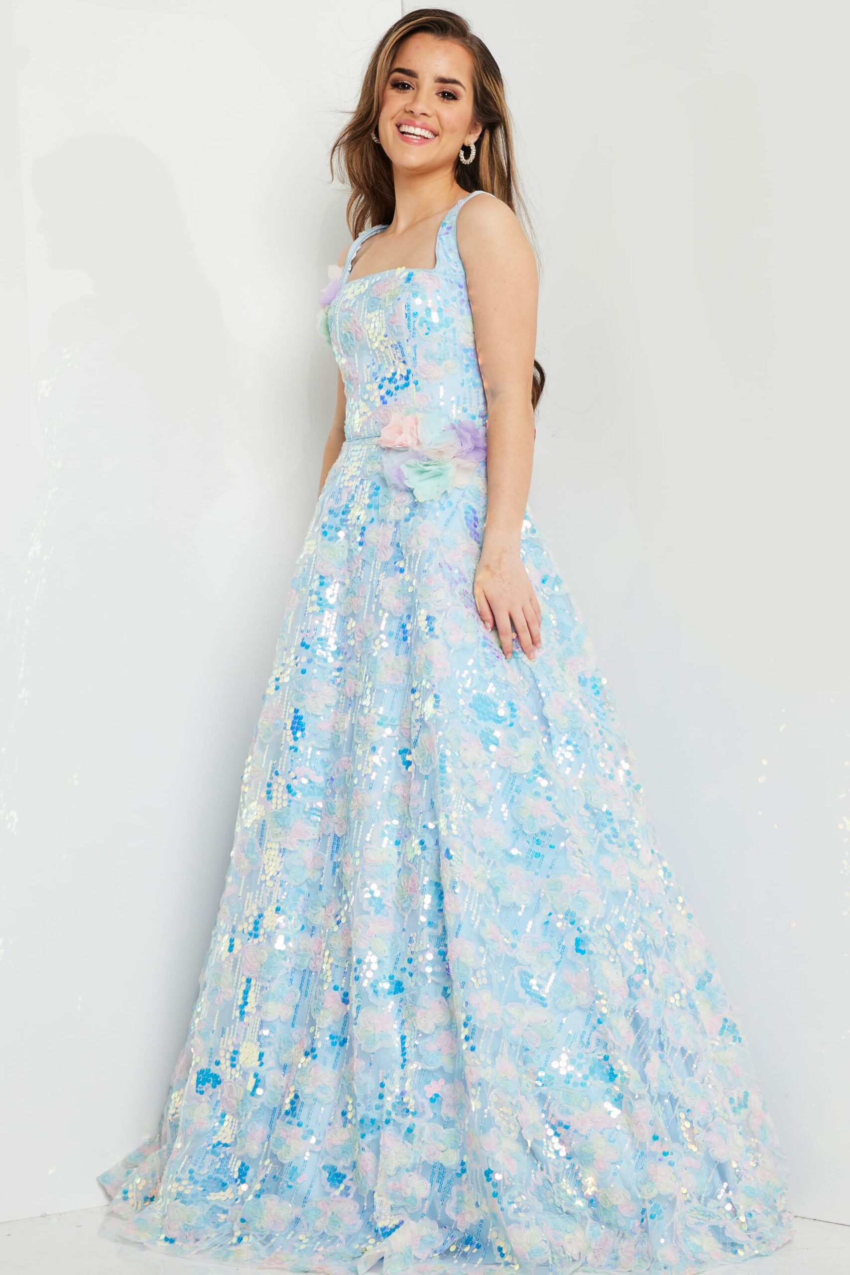 Jovani K23955 Long A Line Floral Print Sequin Formal Prom Girls Dresses