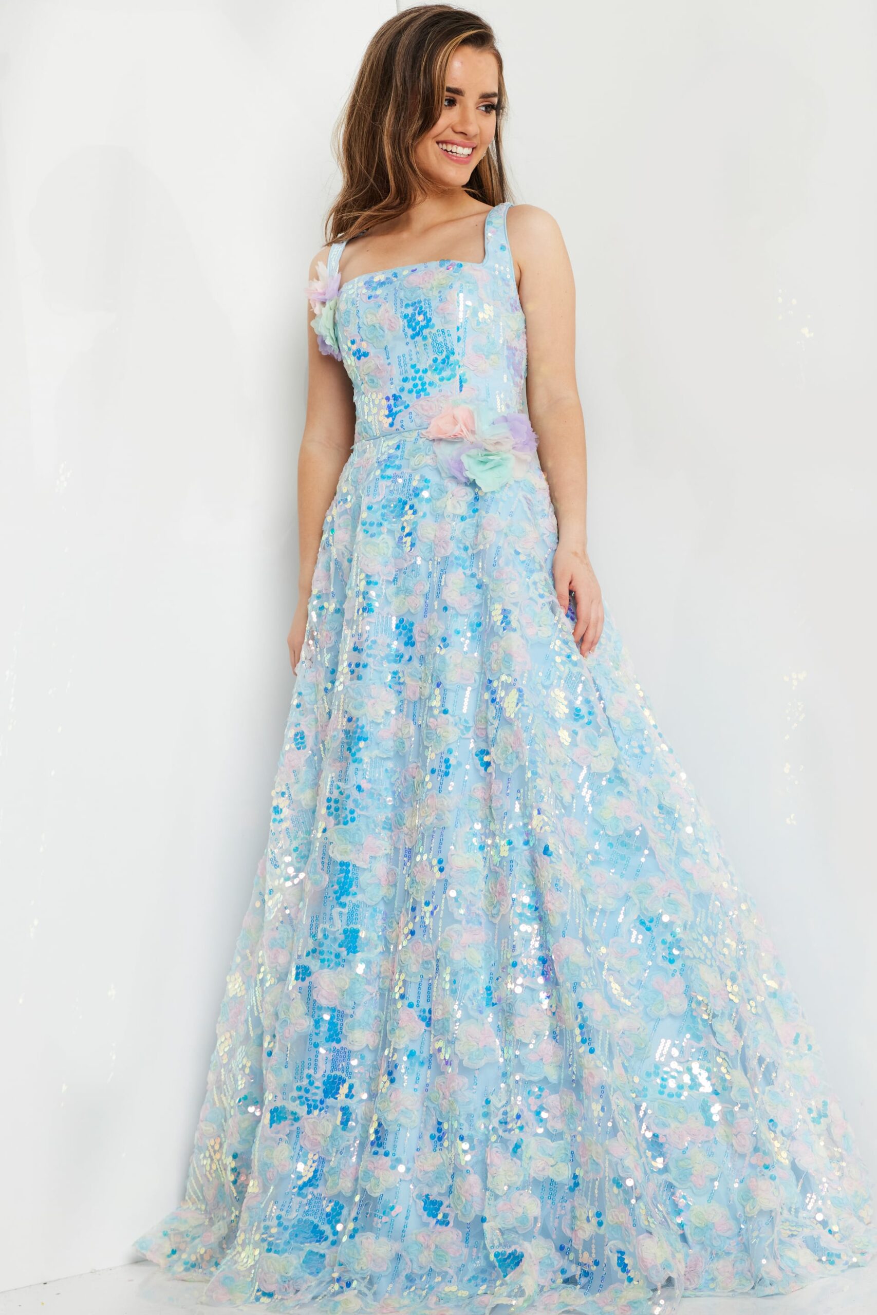 Jovani K23955 Long A Line Floral Print Sequin Formal Prom Girls Dresses