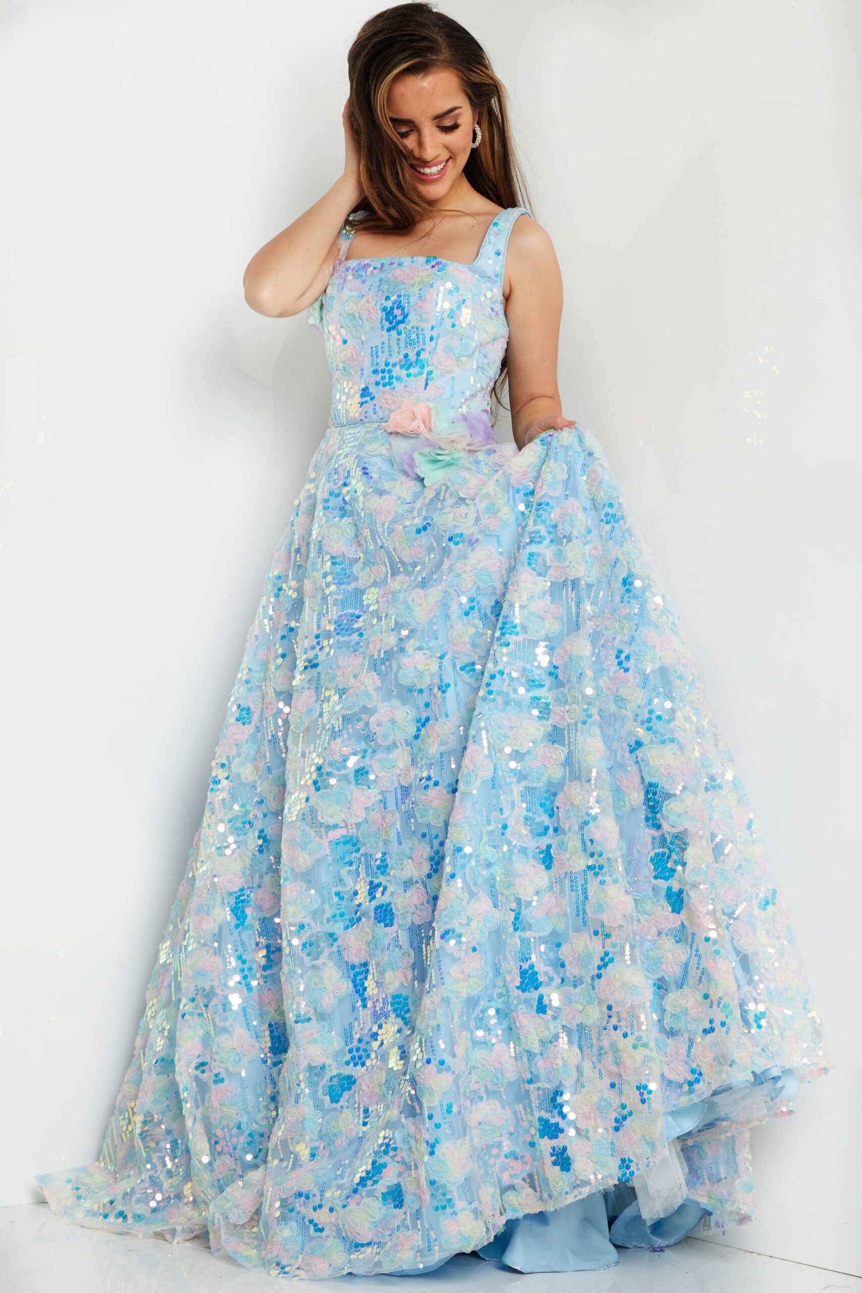 Jovani K23955 Long A Line Floral Print Sequin Formal Prom Girls Dresses
