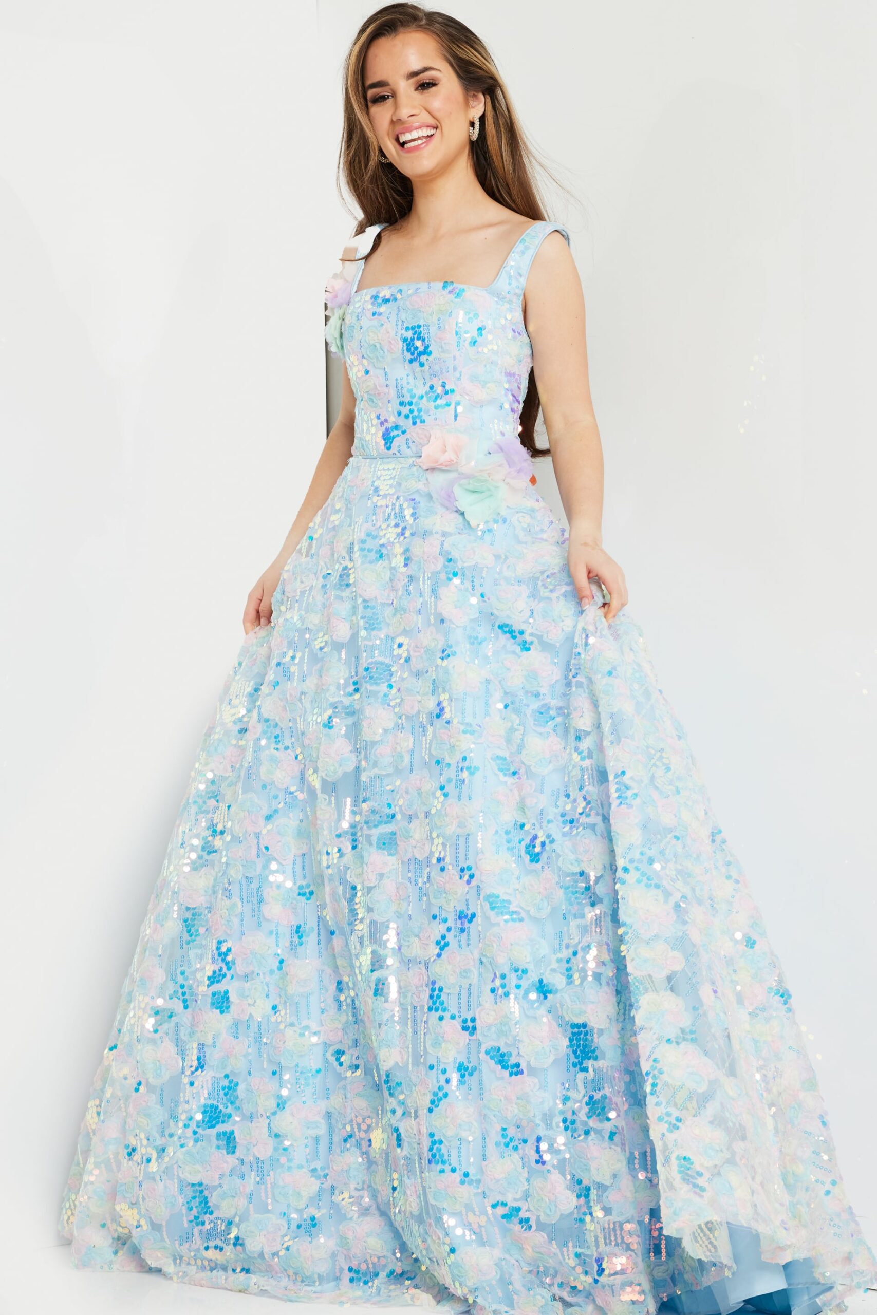 Jovani K23955 Long A Line Floral Print Sequin Formal Prom Girls Dresses