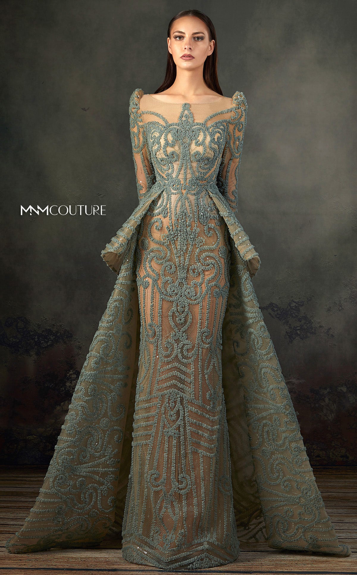 Formal Dresses Long Sleeve Formal Peplum Detachable Overskirt Evening Dress Aqua
