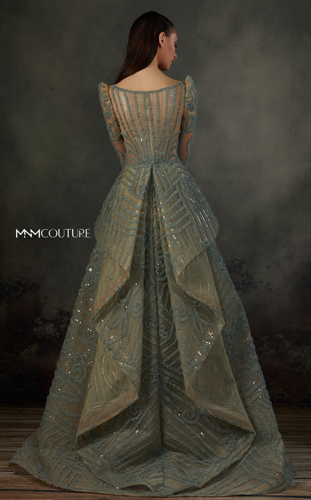 Formal Dresses Long Sleeve Formal Peplum Detachable Overskirt Evening Dress Aqua