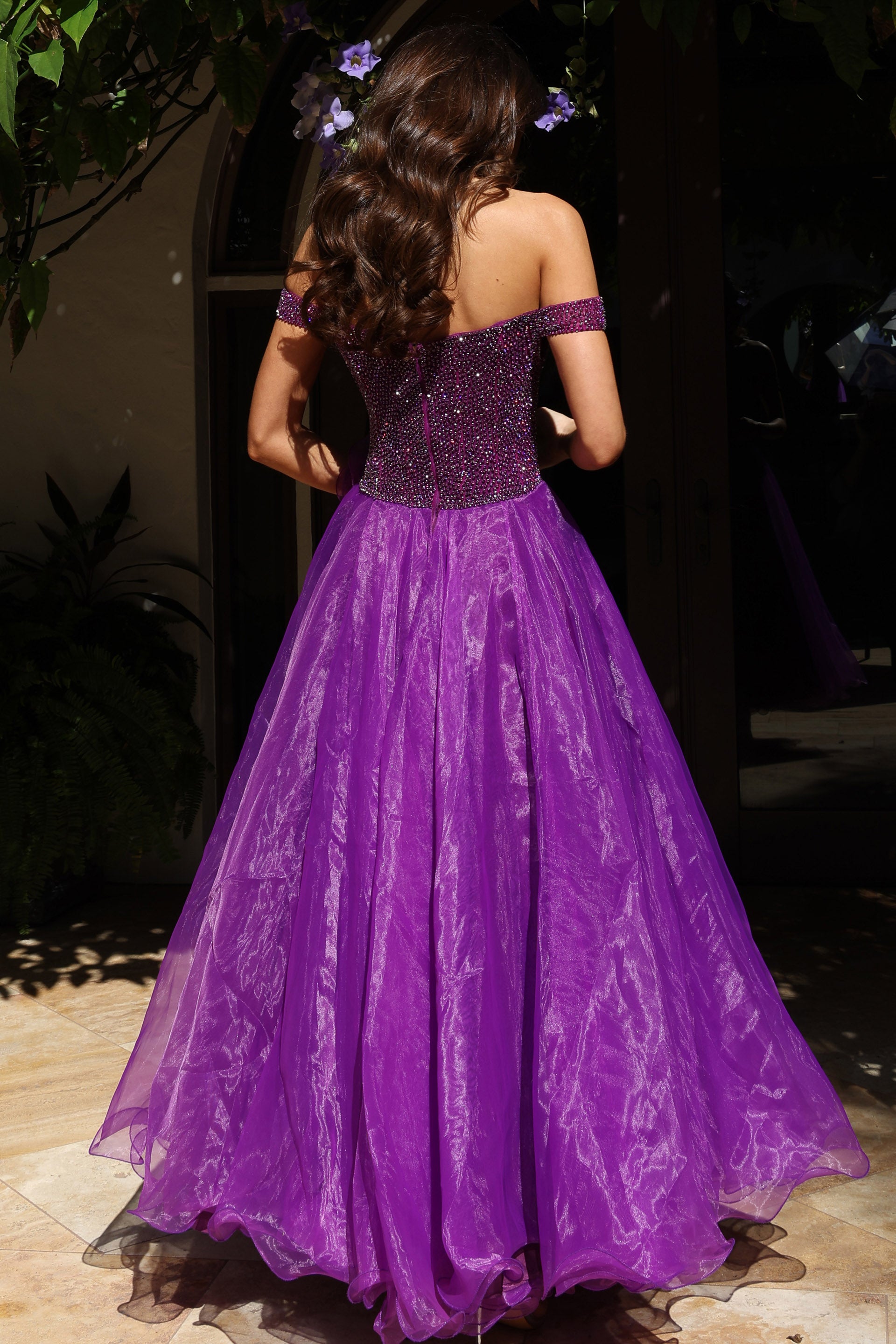 Purple Off-the-Shoulder Floor-Length Organza Prom Ball Gown Jovani K38283