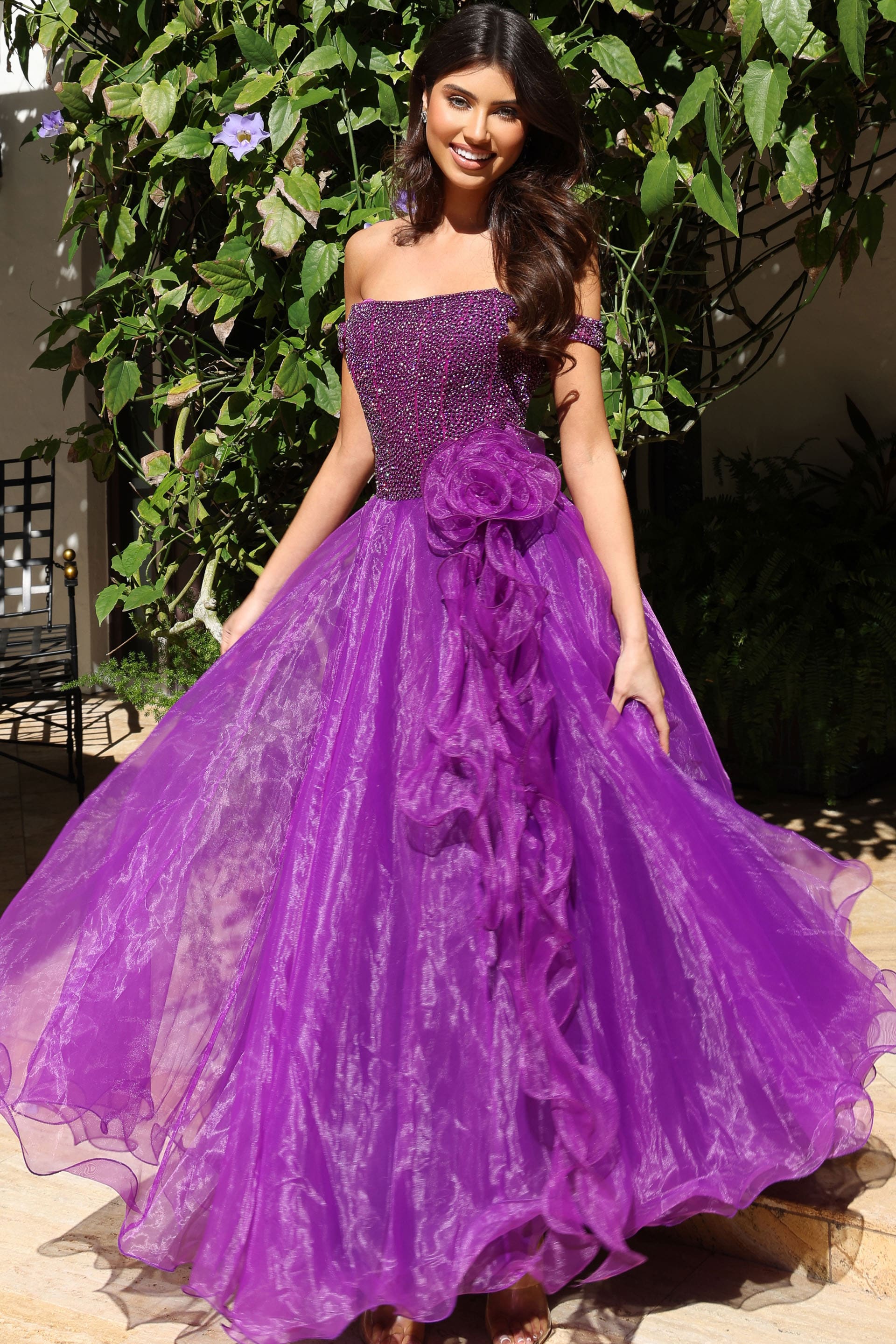 Purple Off-the-Shoulder Floor-Length Organza Prom Ball Gown Jovani K38283